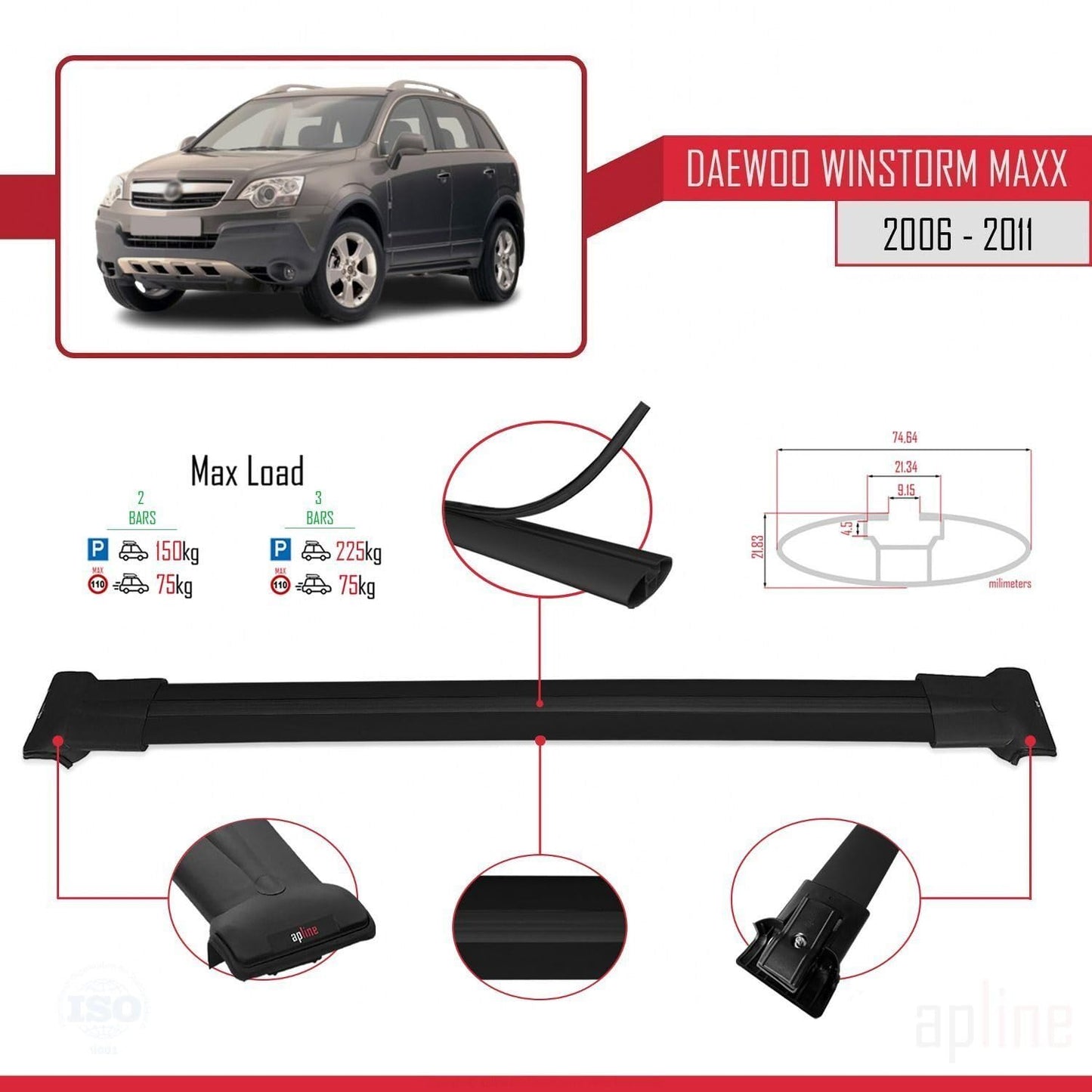 Compatible with Daewoo Winstorm MaXX 2006-2011 Fly Model Car Roof Rack Cross Bar Black Aluminium 2 Bars