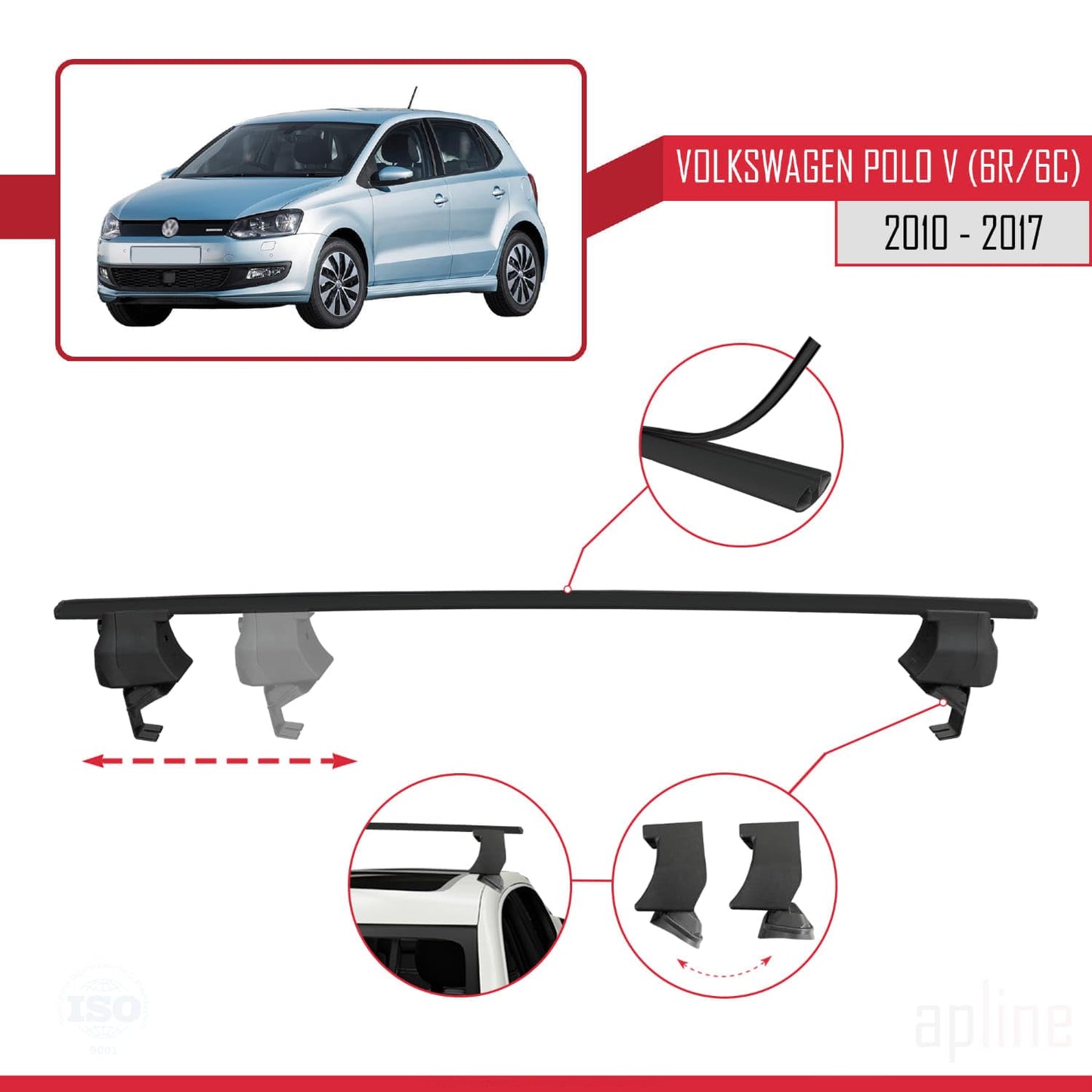 Compatible with Volkswagen Polo 5 (6R) 2010-2017 ACE-4 Car Roof Rack Cross Bar Black Aluminium 2 Bars