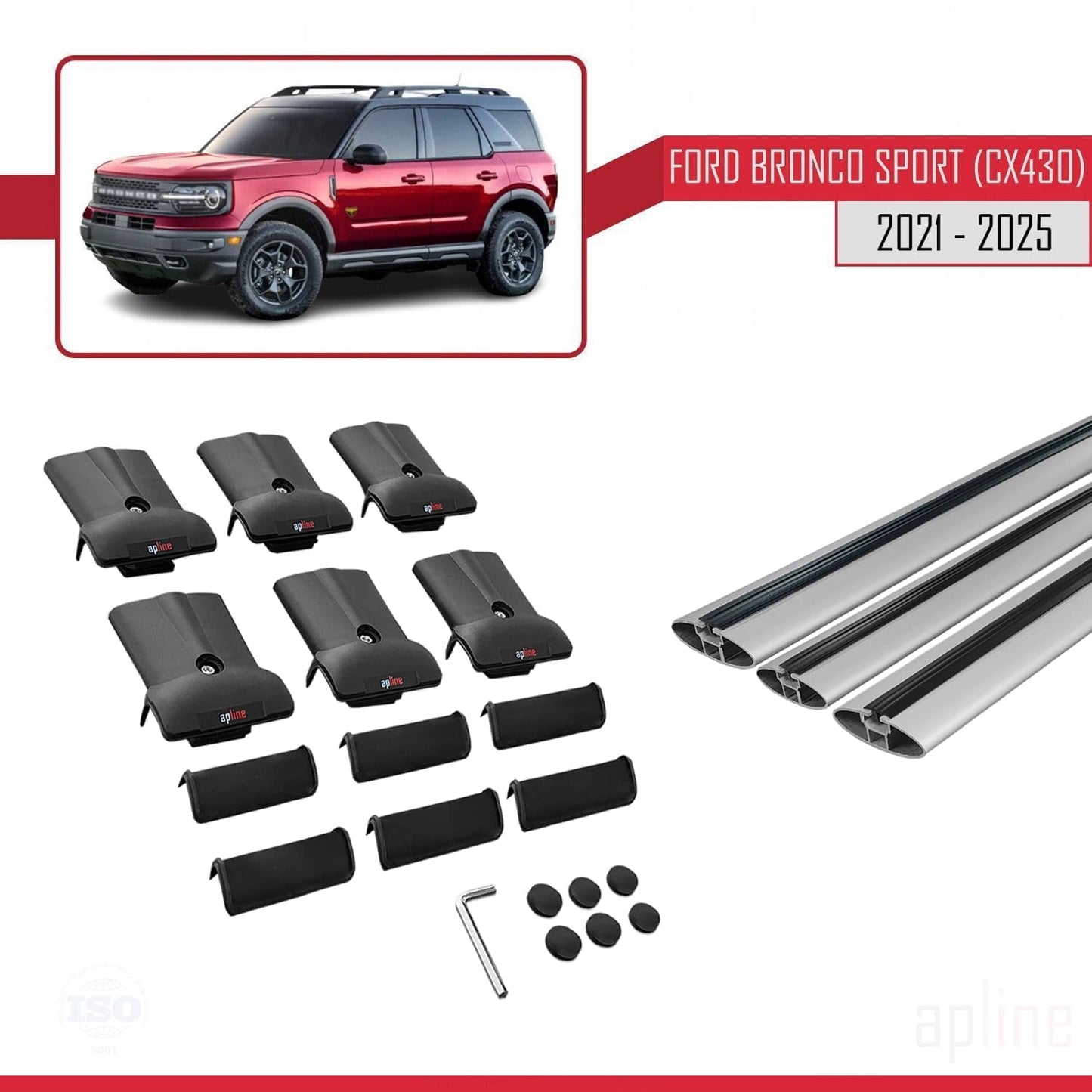 Compatible with Ford Bronco Sport (CX430) 2021-2025 Fly Model Car Roof Rack Cross Bar Grey Aluminium 3 Bars