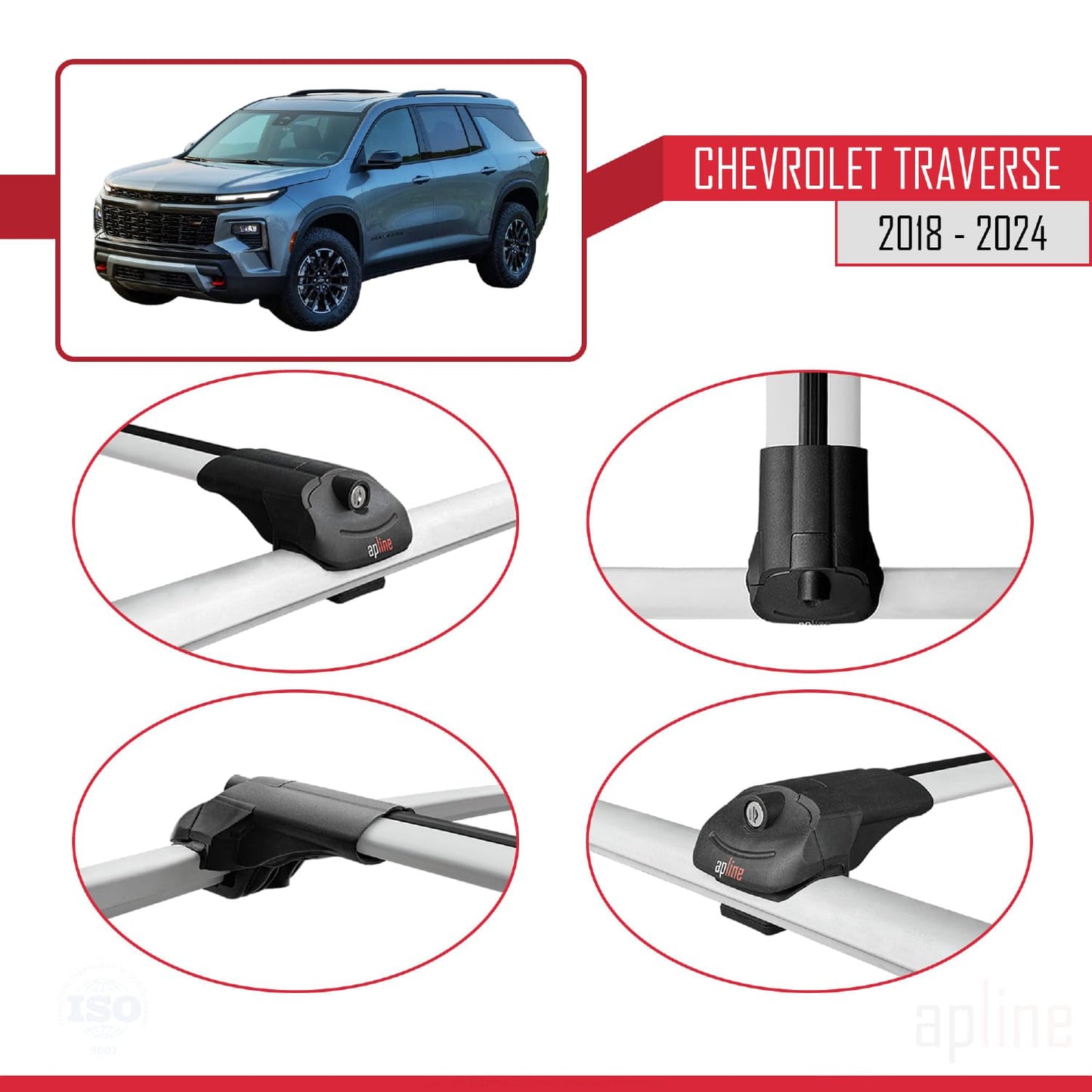 Compatible with Chevrolet Traverse 2018-2024 ACE-1 Car Roof Rack Cross Bar Grey Aluminium 3 Bars