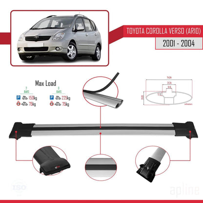 Compatible with Toyota Corolla Verso (E120) 2001-2004 Fly Model Car Roof Rack Cross Bar Grey Aluminium 2 Bars