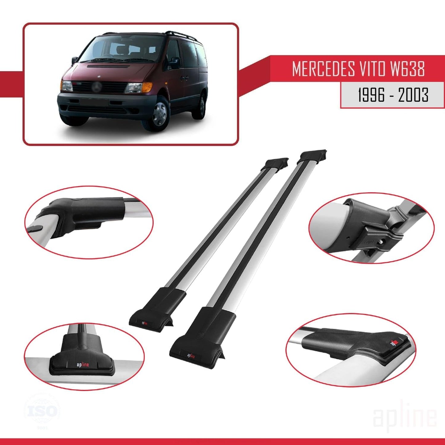 Compatible with Mercedes Vito (W638) 1996-2003 Fly Model Car Roof Rack Cross Bar Grey Aluminium 2 Bars
