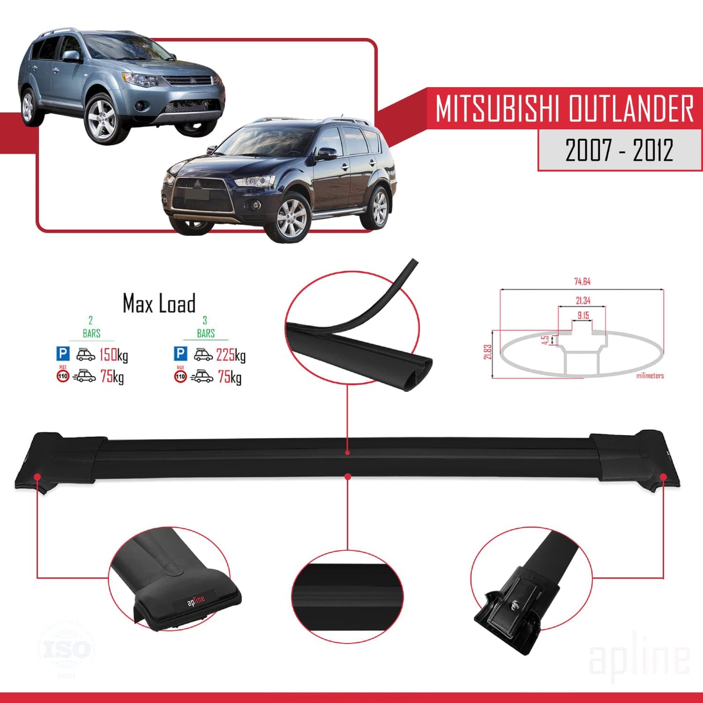 Compatible with Mitsubishi Outlander 2 2007-2012 Fly Model Car Roof Rack Cross Bar Black Aluminium 2 Bars