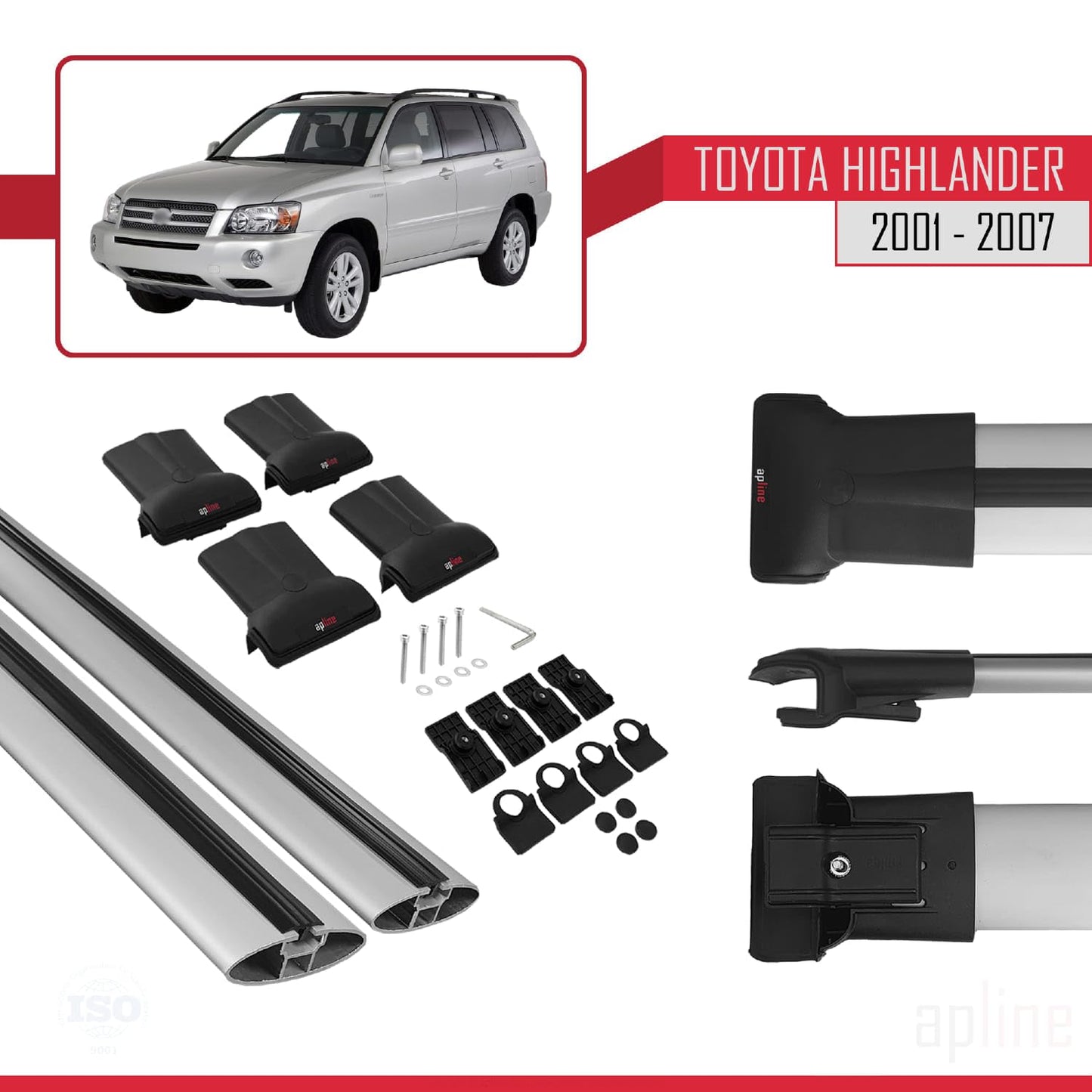 Compatible with Toyota Highlander 2001-2007 Fly Model Car Roof Rack Cross Bar Grey Aluminium 2 Bars