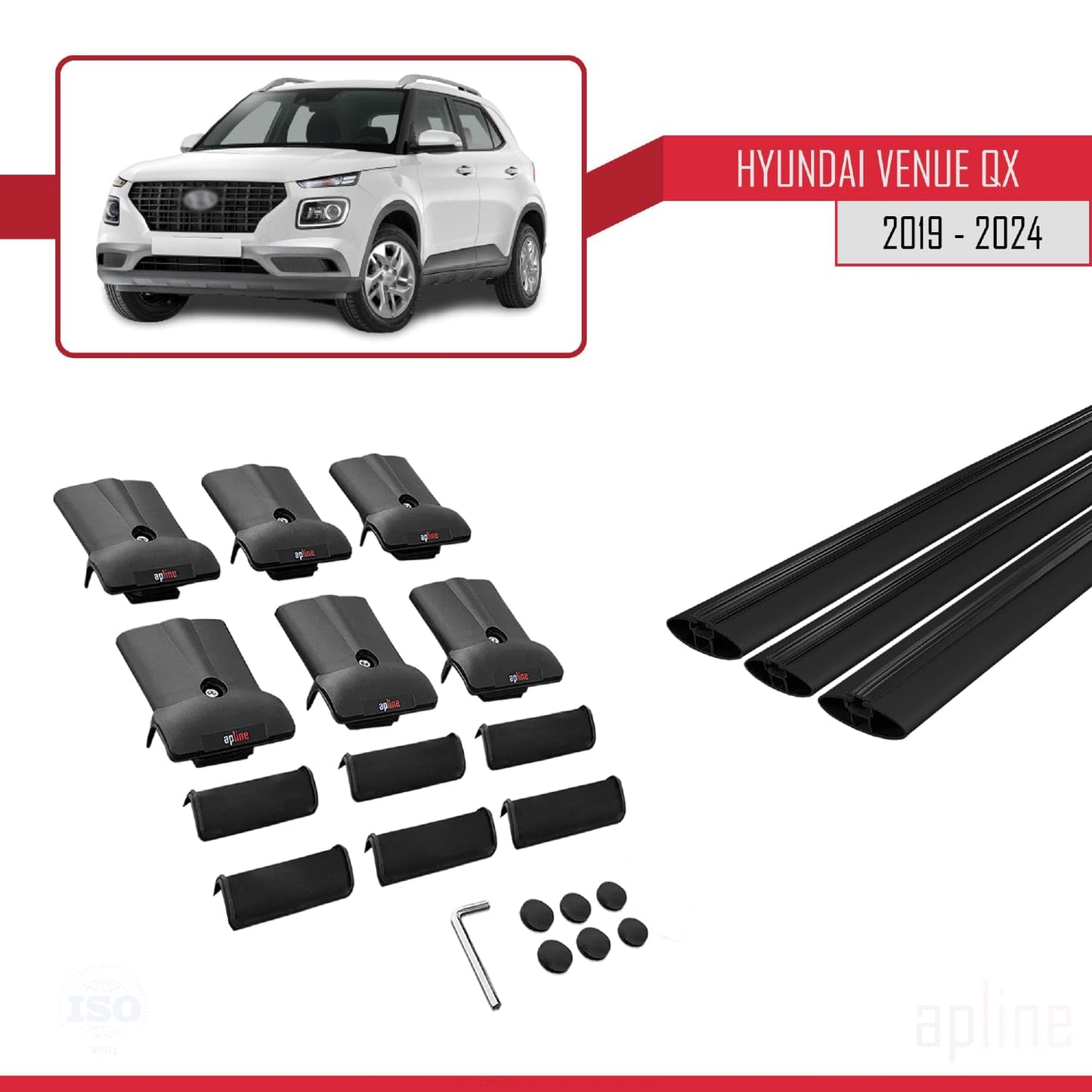 Compatible with Hyundai Venue (QX) 2019-2024 Fly Model Car Roof Rack Cross Bar Black Aluminium 3 Bars