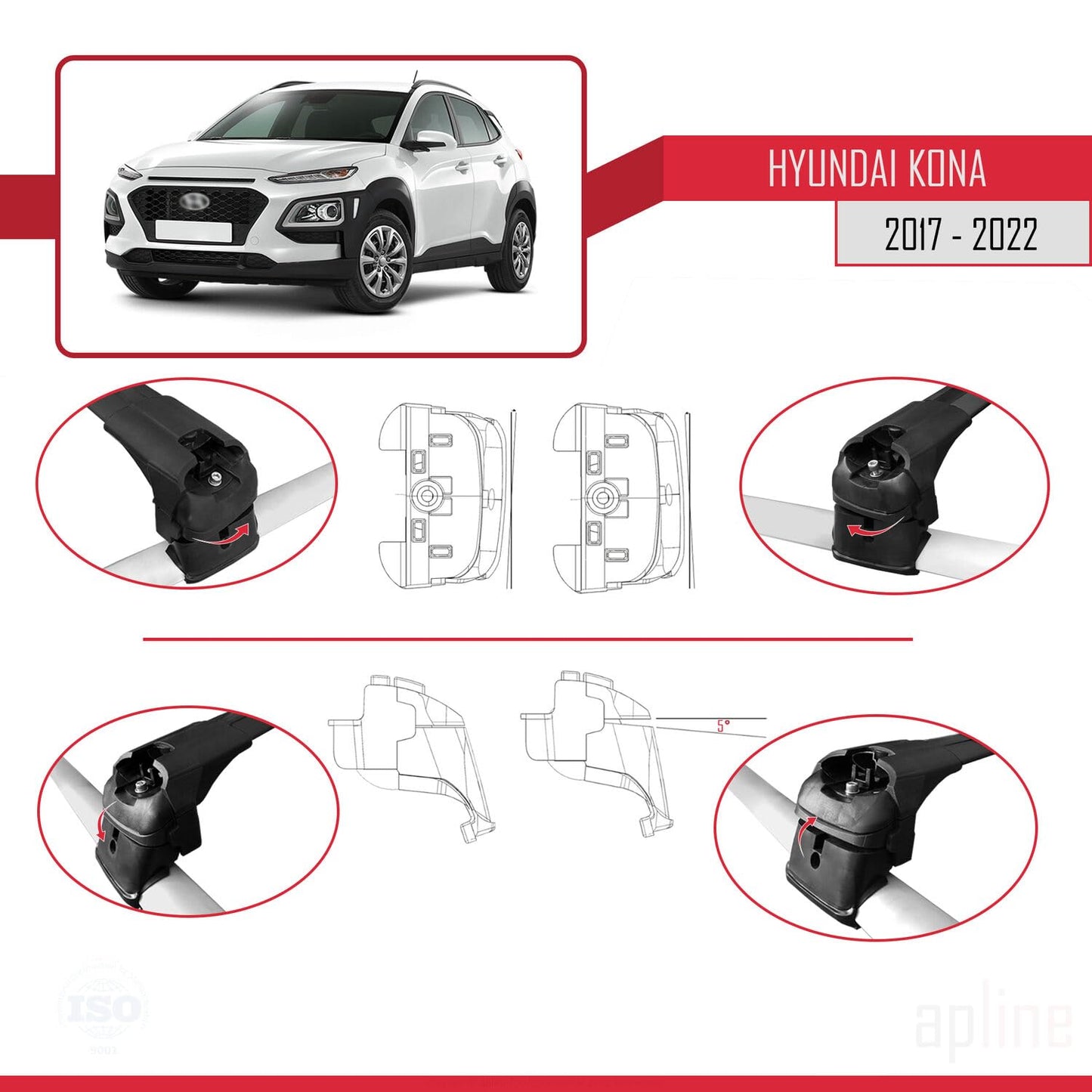 Compatible with Hyundai Kona (OS) 2017-2022 ACE-2 Car Roof Rack Cross Bar Black Aluminium 2 Bars