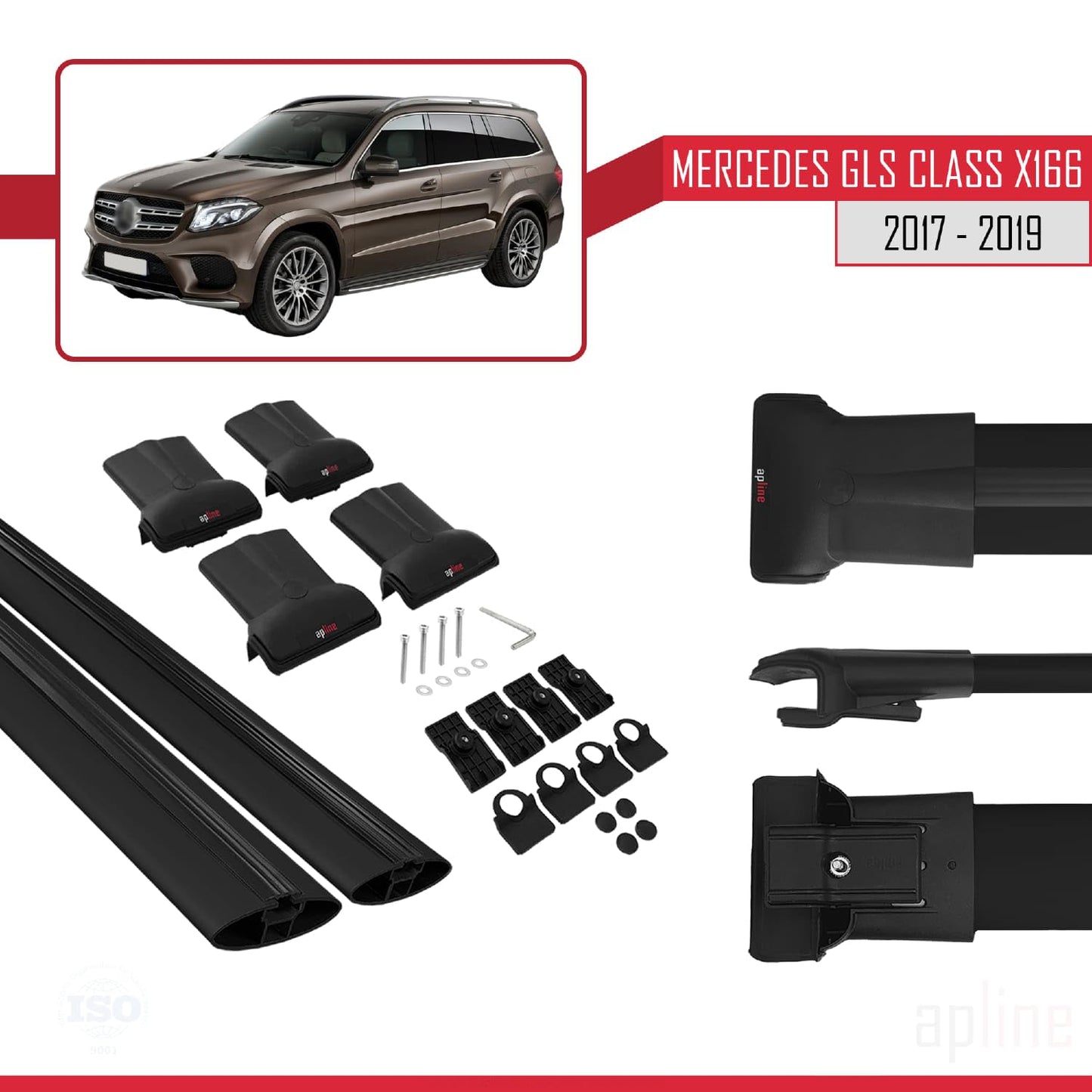Compatible with Mercedes GLS Class X166 2017-2019 Fly Model Car Roof Rack Cross Bar Black Aluminium 2 Bars