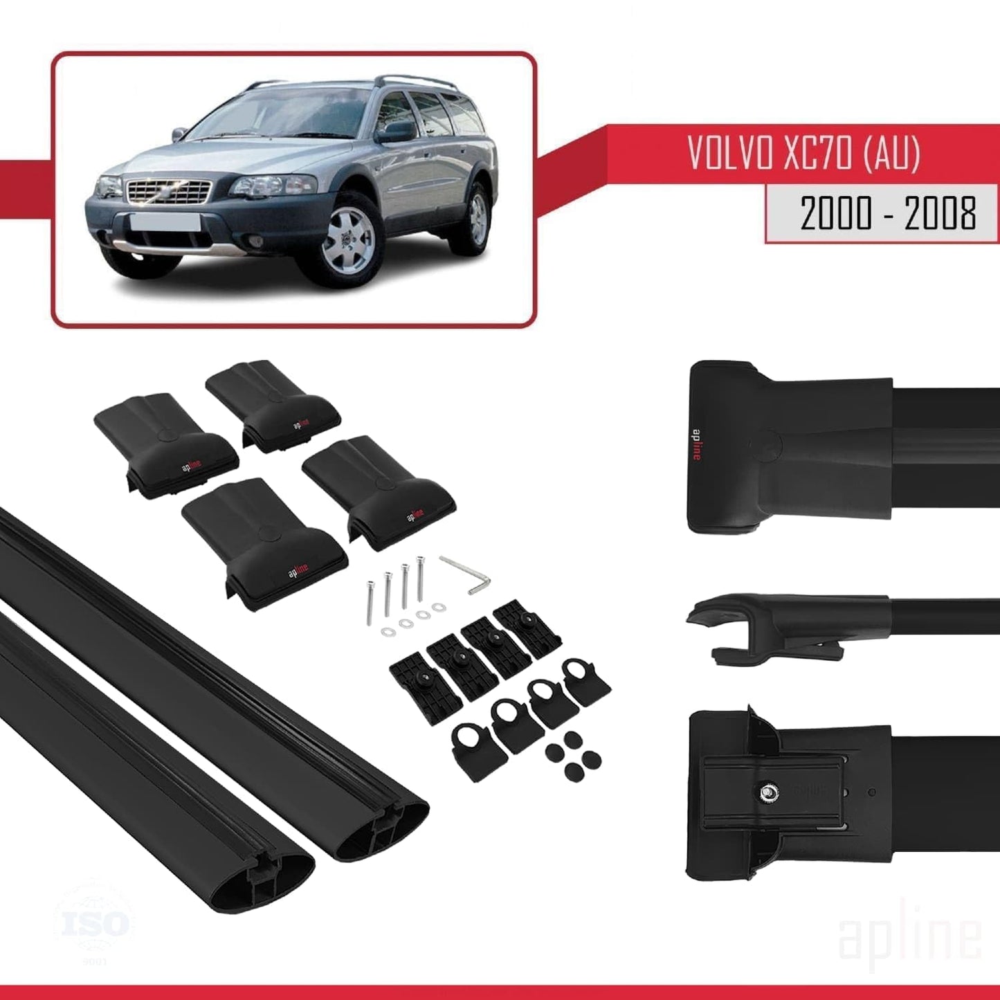 Compatible with Volvo XC70 (P2) 2000-2007 Fly Model Car Roof Rack Cross Bar Black Aluminium 2 Bars