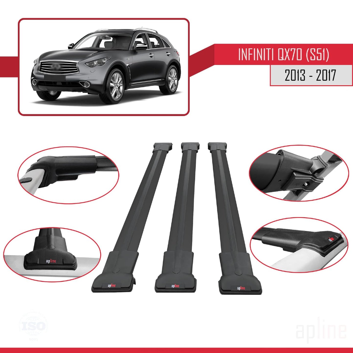 Compatible with Infiniti QX70 (S51) 2013-2017 Fly Model Car Roof Rack Cross Bar Black Aluminium 3 Bars