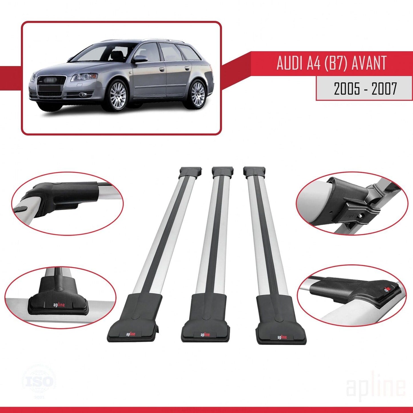 Compatible with Audi A4 (B7) Avant 2005-2007 Fly Model Car Roof Rack Cross Bar Grey Aluminium 3 Bars
