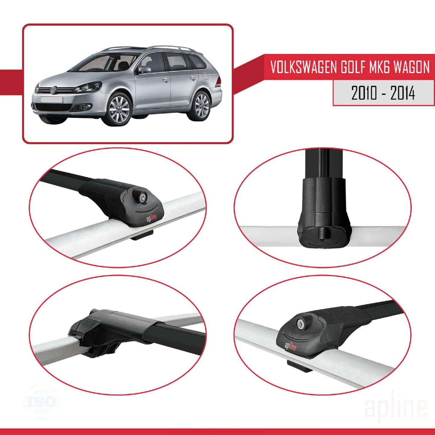 Compatible with VW Golf Mk6 Wagon 2010-2014 ACE-1 Car Roof Rack Cross Bar Black Aluminium 3 Bars