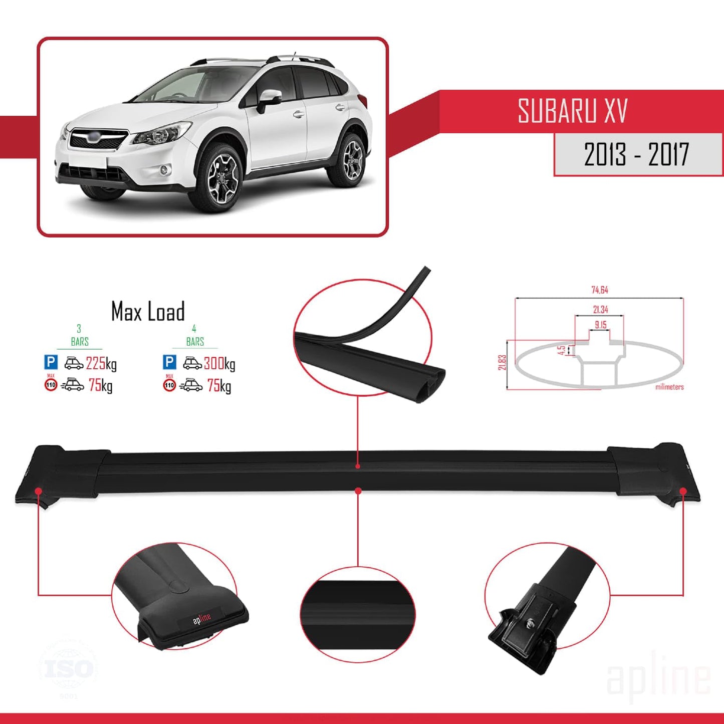 Compatible with Subaru XV 2013-2017 Fly Model Car Roof Rack Cross Bar Black Aluminium 3 Bars