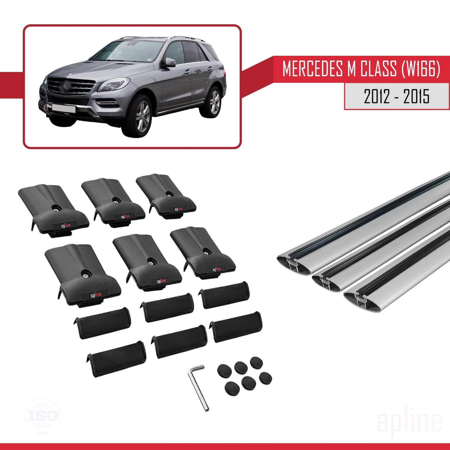 Compatible with Mercedes M Class 3 (W166) Pre-Facelift 2012-2015 Fly Model Car Roof Rack Cross Bar Grey Aluminium 3 Bars