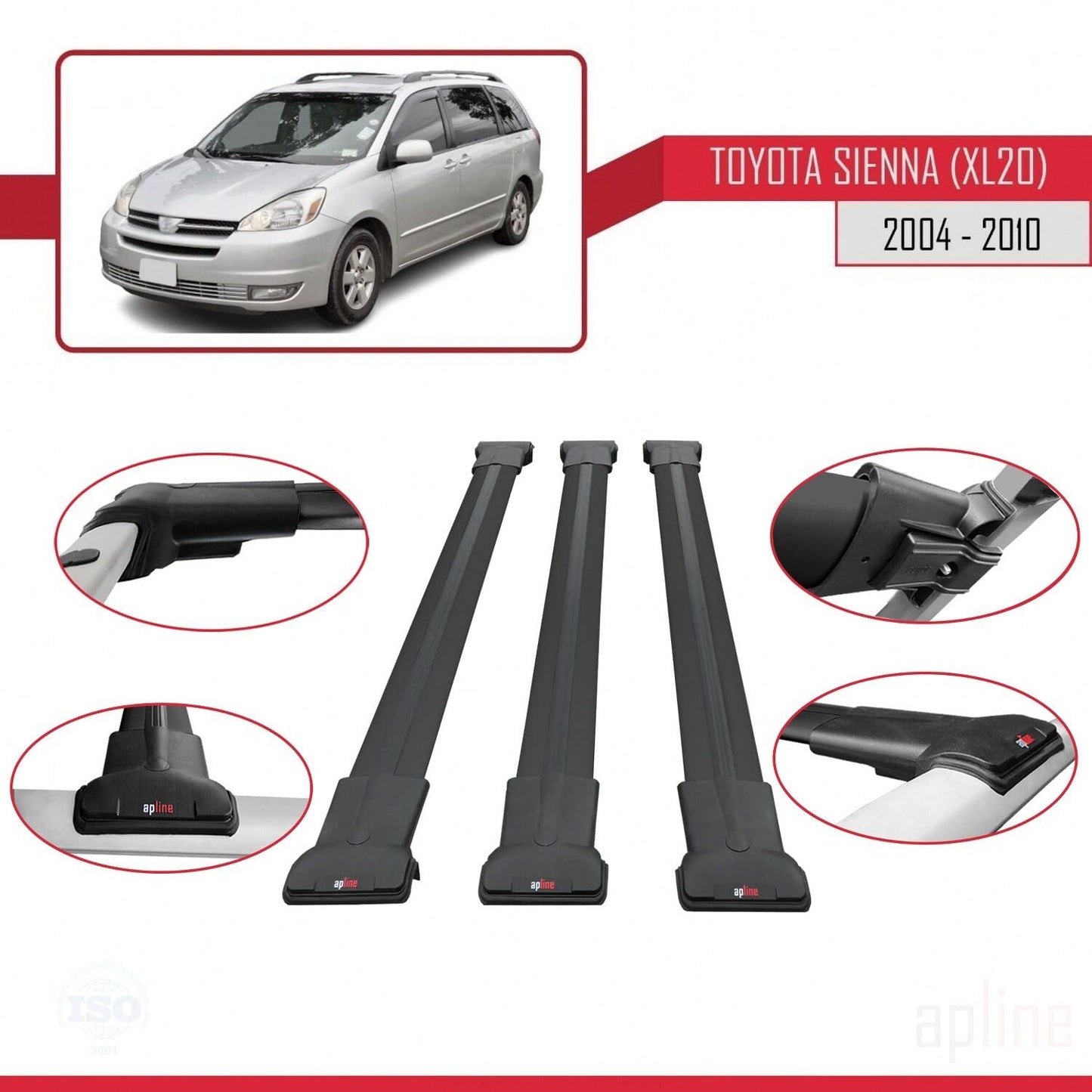 Compatible with Toyota Sienna 2 (XL20) 2004-2010 Fly Model Car Roof Rack Cross Bar Black Aluminium 3 Bars