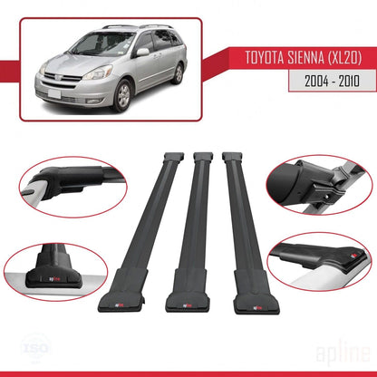Compatible with Toyota Sienna 2 (XL20) 2004-2010 Fly Model Car Roof Rack Cross Bar Black Aluminium 3 Bars