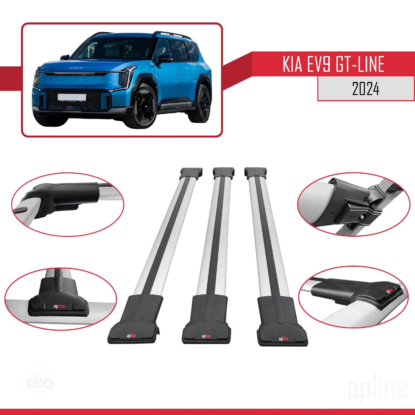 Compatible with KIA EV9 GT-LINE 2024-2025 Fly Model Car Roof Rack Cross Bar Grey Aluminium 3 Bars