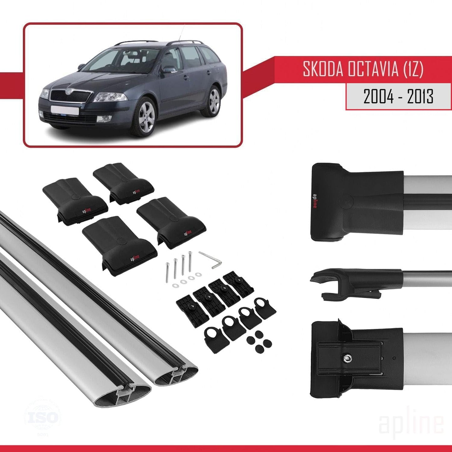 Compatible with Skoda Octavia 2 (1Z) 2004-2013 Fly Model Car Roof Rack Cross Bar Grey Aluminium 2 Bars