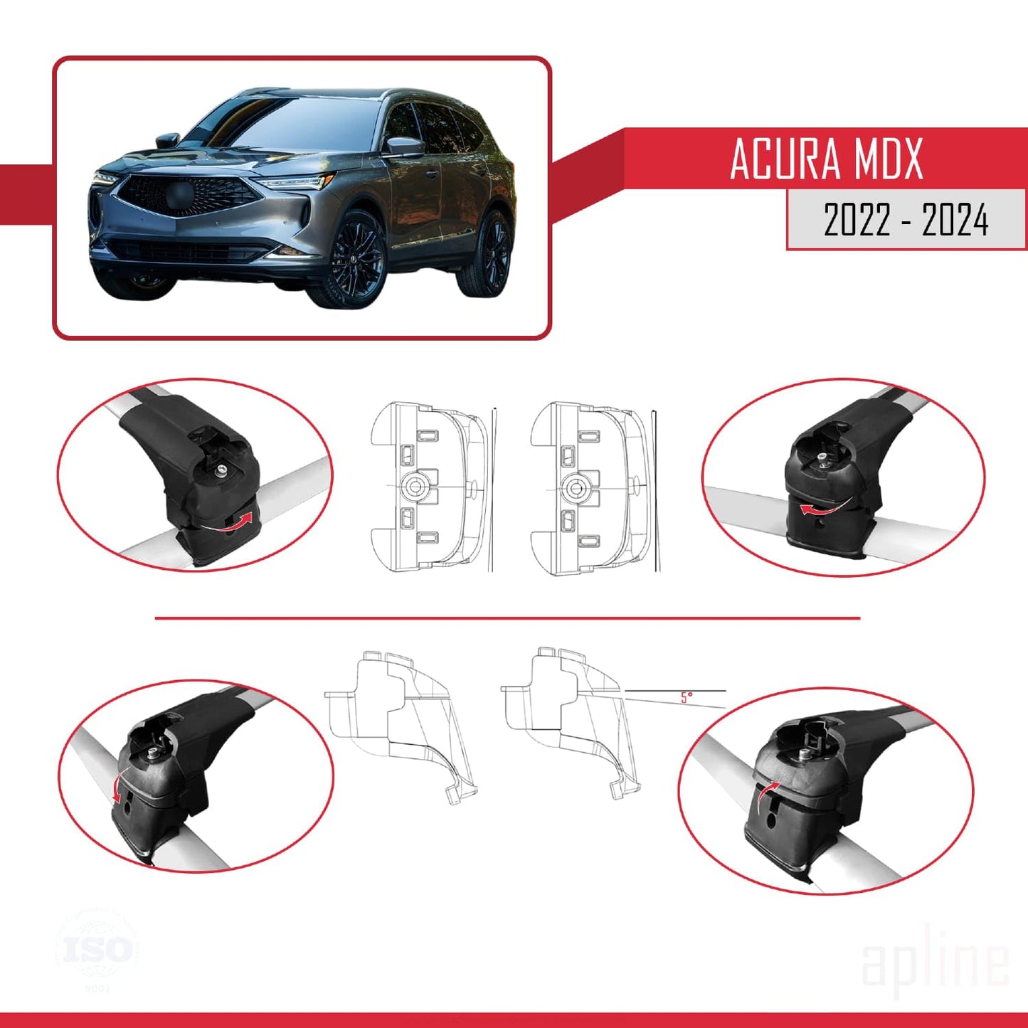 Compatible with Acura MDX 2022-2024 ACE-2 Car Roof Rack Cross Bar Grey Aluminium 2 Bars