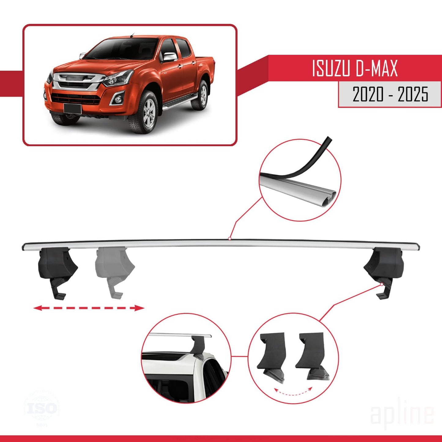 Compatible with Isuzu D-Max 3 (RG01) 2020-2025 ACE-4 Car Roof Rack Cross Bar Grey Aluminium 2 Bars