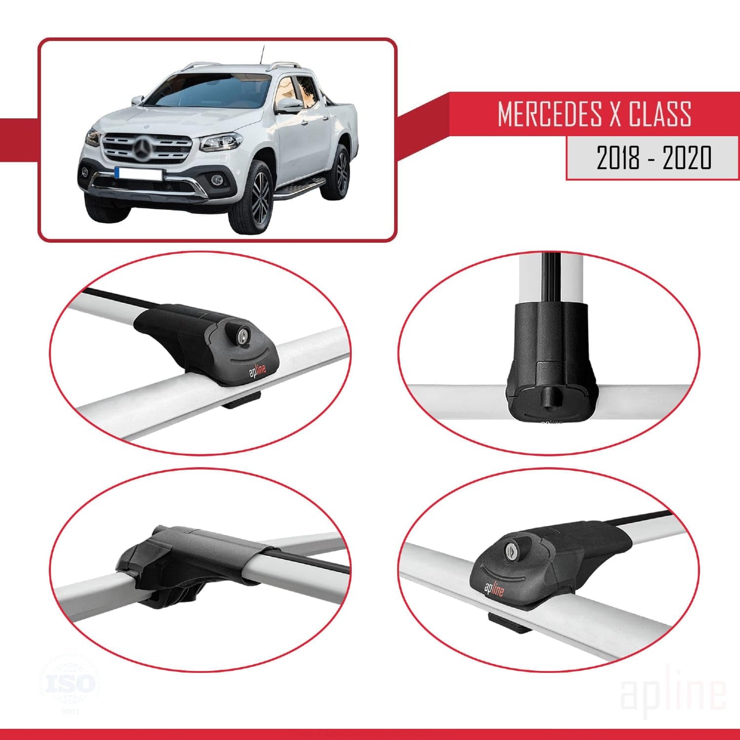 Compatible with Mercedes X Class (470) 2018-2020 ACE-1 Car Roof Rack Cross Bar Grey Aluminium 2 Bars