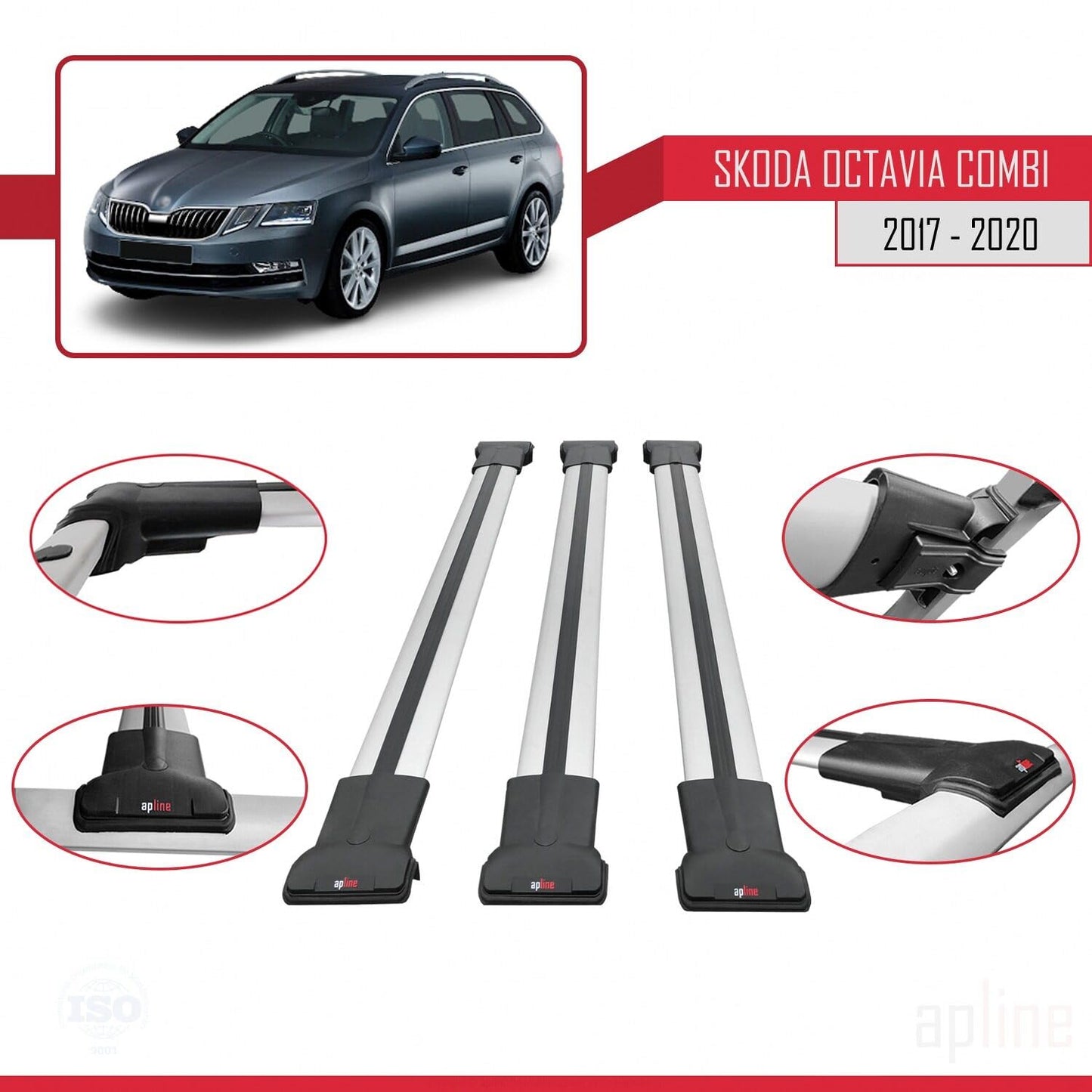 Compatible with Skoda Octavia 3 (5E) SW Post-Facelift 2017-2020 Fly Model Car Roof Rack Cross Bar Grey Aluminium 3 Bars