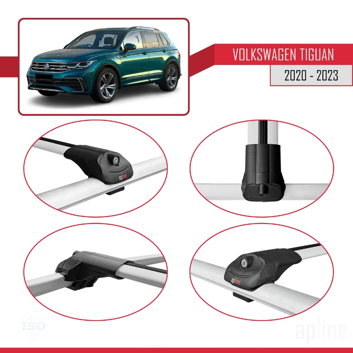 Compatible with Volkswagen Tiguan 2 Post-Facelift 2020-2023 ACE-1 Car Roof Rack Cross Bar Grey Aluminium 2 Bars