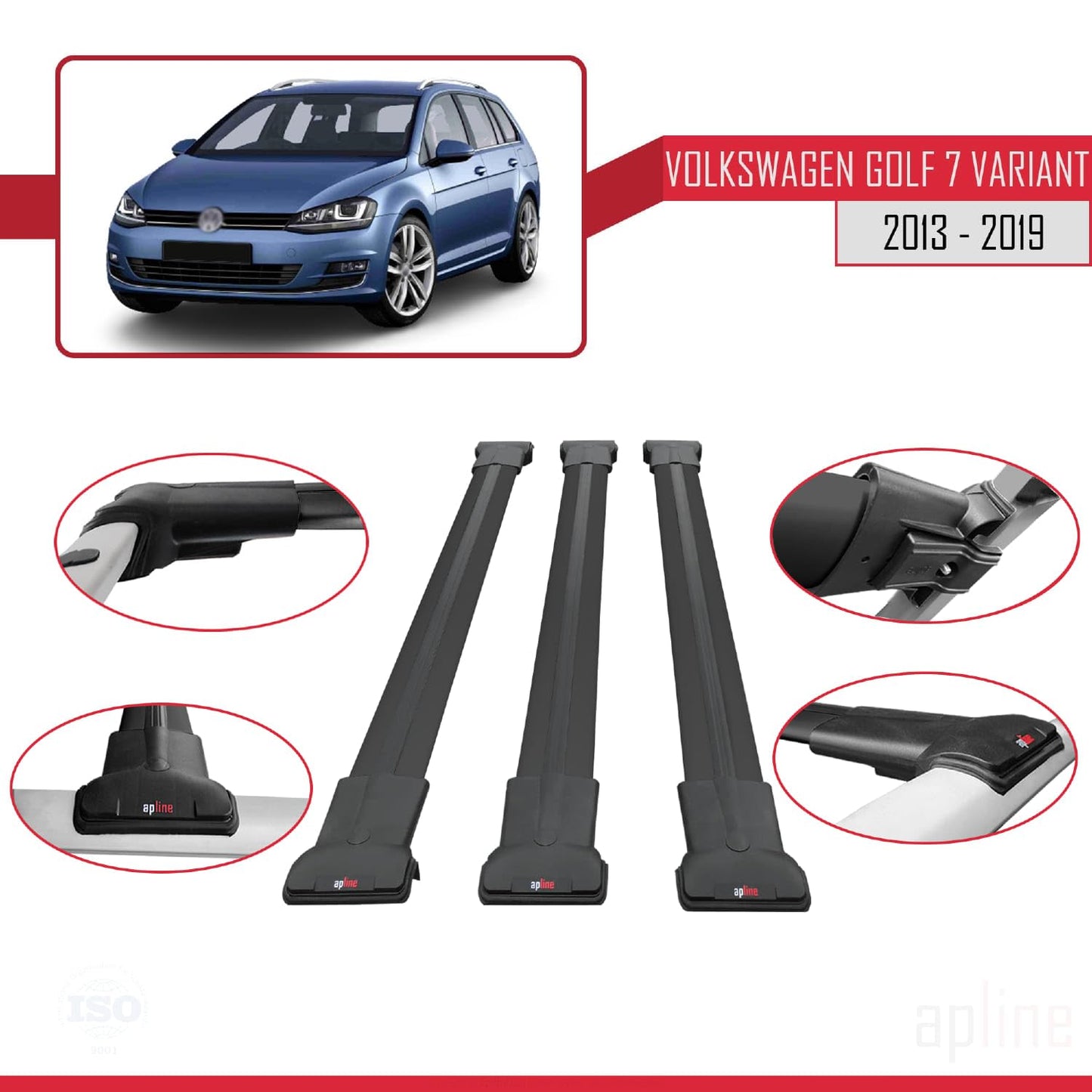 Compatible with Volkswagen Golf 7 (5G) Variant 2013-2019 Fly Model Car Roof Rack Cross Bar Black Aluminium 3 Bars