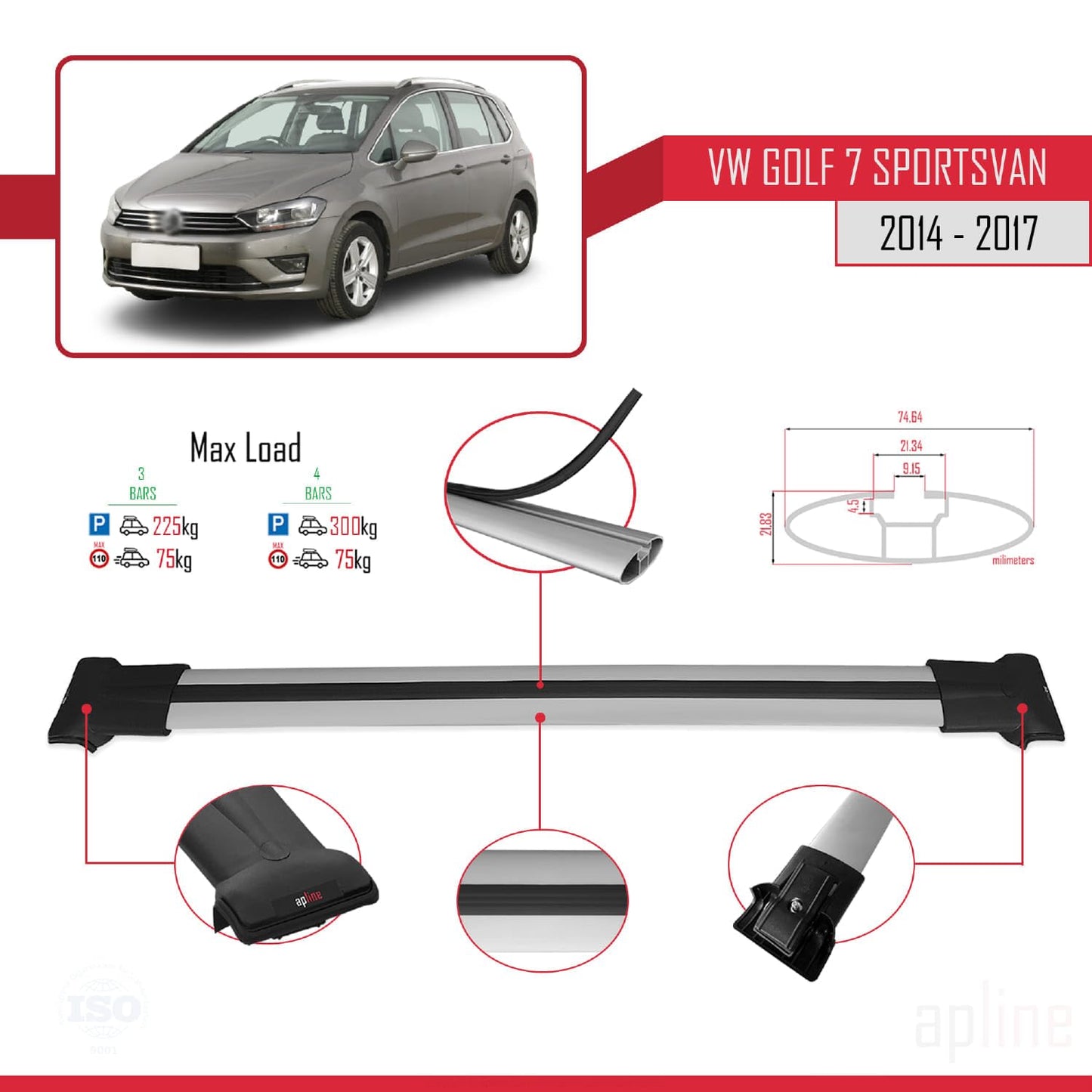 Compatible with Volkswagen Golf Sportvan 2014-2017 Fly Model Car Roof Rack Cross Bar Grey Aluminium 3 Bars