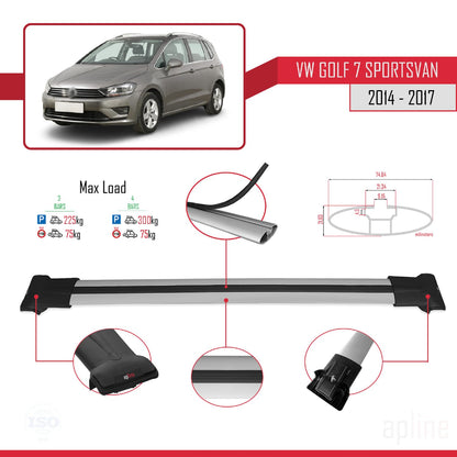 Compatible with Volkswagen Golf Sportvan 2014-2017 Fly Model Car Roof Rack Cross Bar Grey Aluminium 3 Bars
