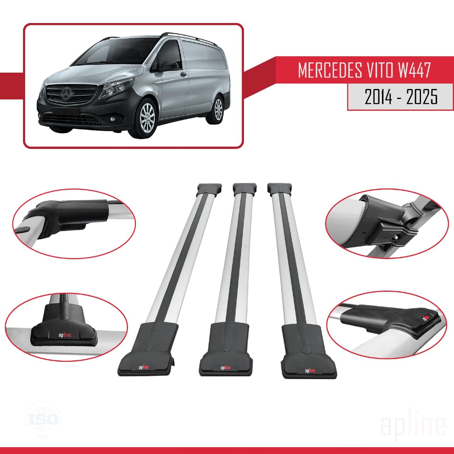 Compatible with Mercedes Vito 3 (W447) 2014-2025 Fly Model Car Roof Rack Cross Bar Grey Aluminium 3 Bars