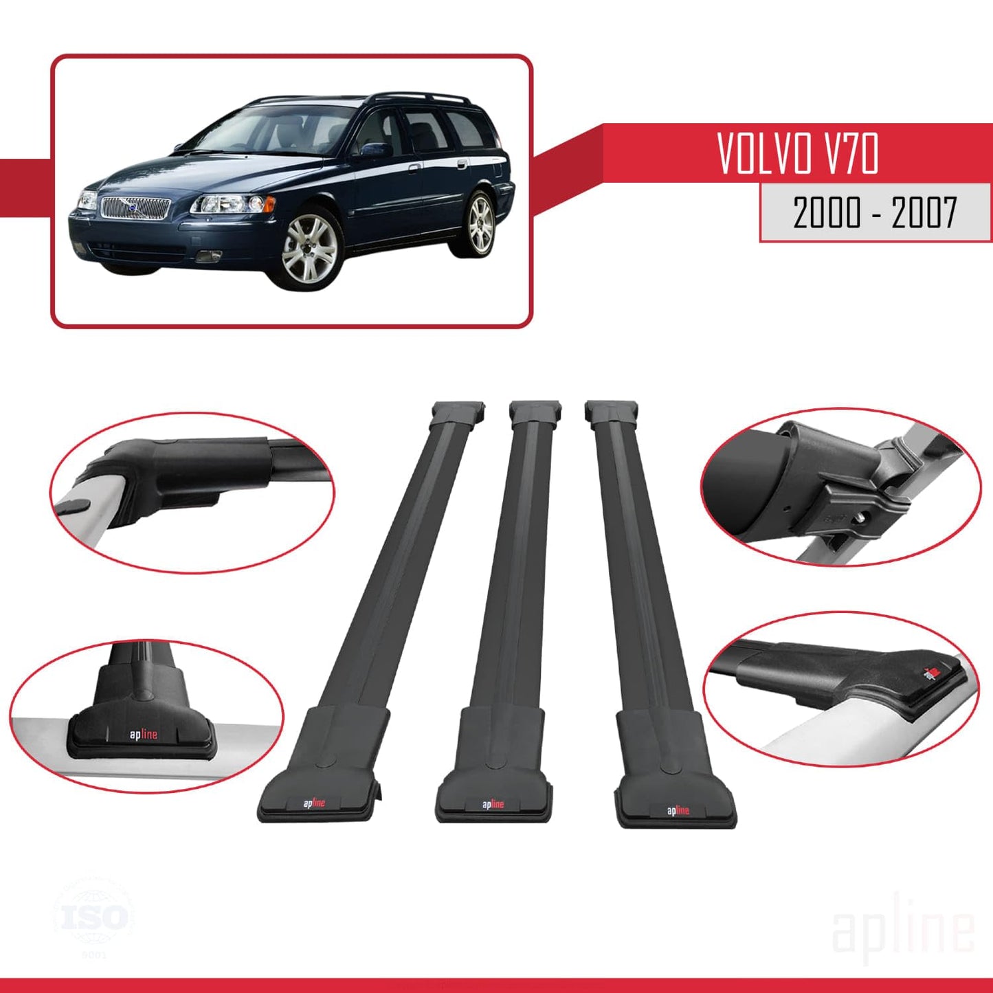 Compatible with Volvo V70 2000-2007 Fly Model Car Roof Rack Cross Bar Black Aluminium 3 Bars