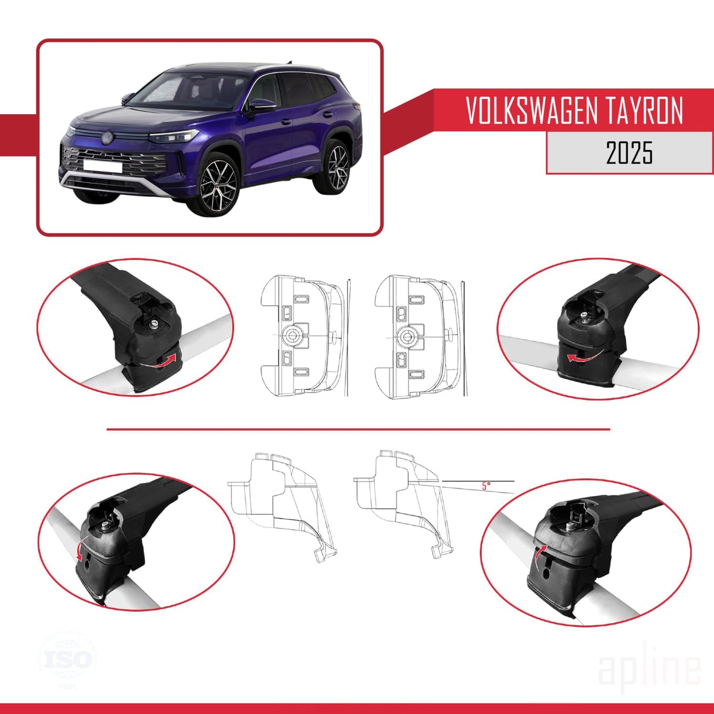 Compatible with Volkswagen Tayron 2025 ACE-2 Car Roof Rack Cross Bar Black Aluminium 2 Bars