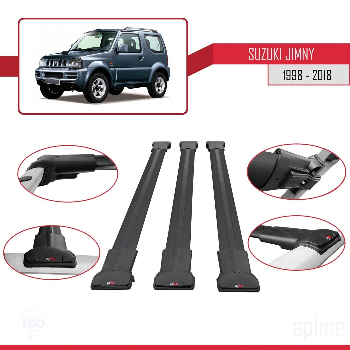 Compatible with Suzuki Jimny 3 1998-2018 Fly Model Car Roof Rack Cross Bar Black Aluminium 3 Bars