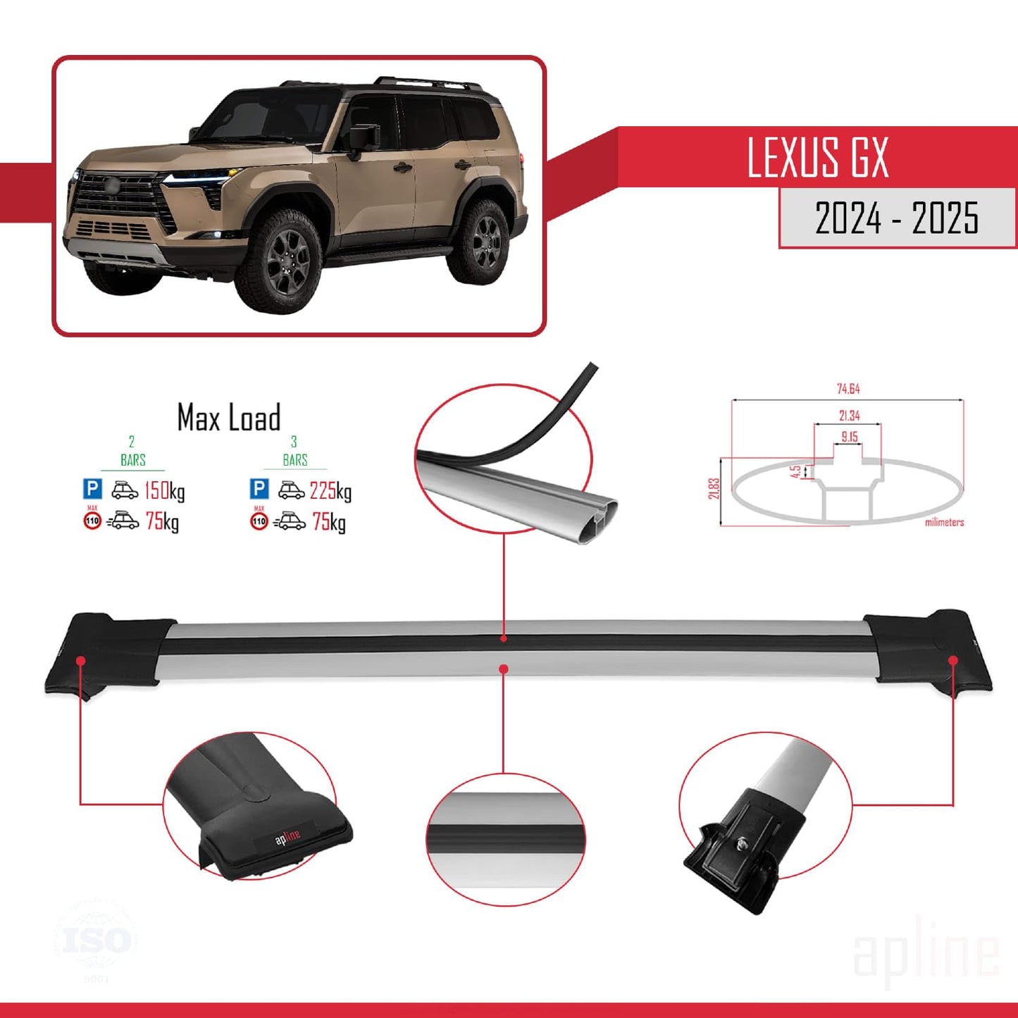 Compatible with Lexus GX 2024-2025 Fly Model Car Roof Rack Cross Bar Grey Aluminium 2 Bars