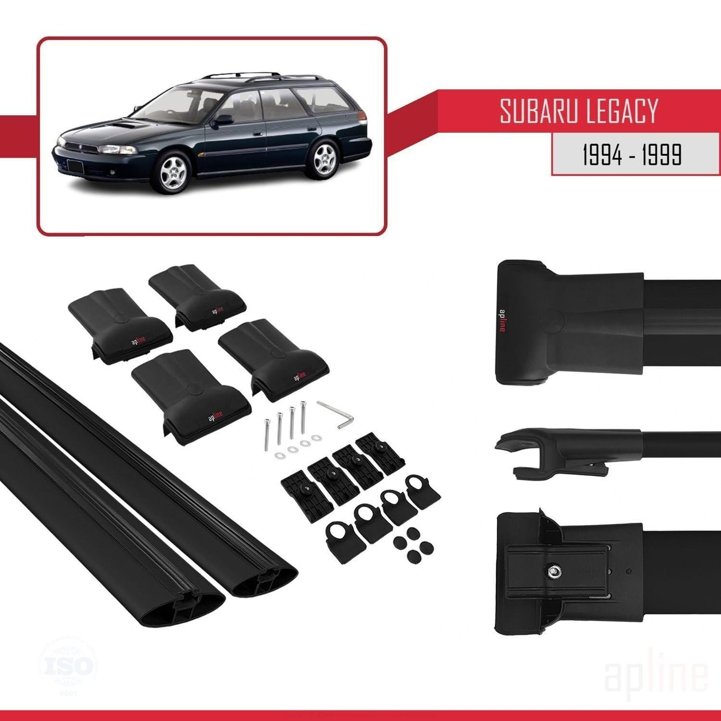 Compatible with Subaru Legacy 2 (BD) 1994-1999 Fly Model Car Roof Rack Cross Bar Black Aluminium 2 Bars