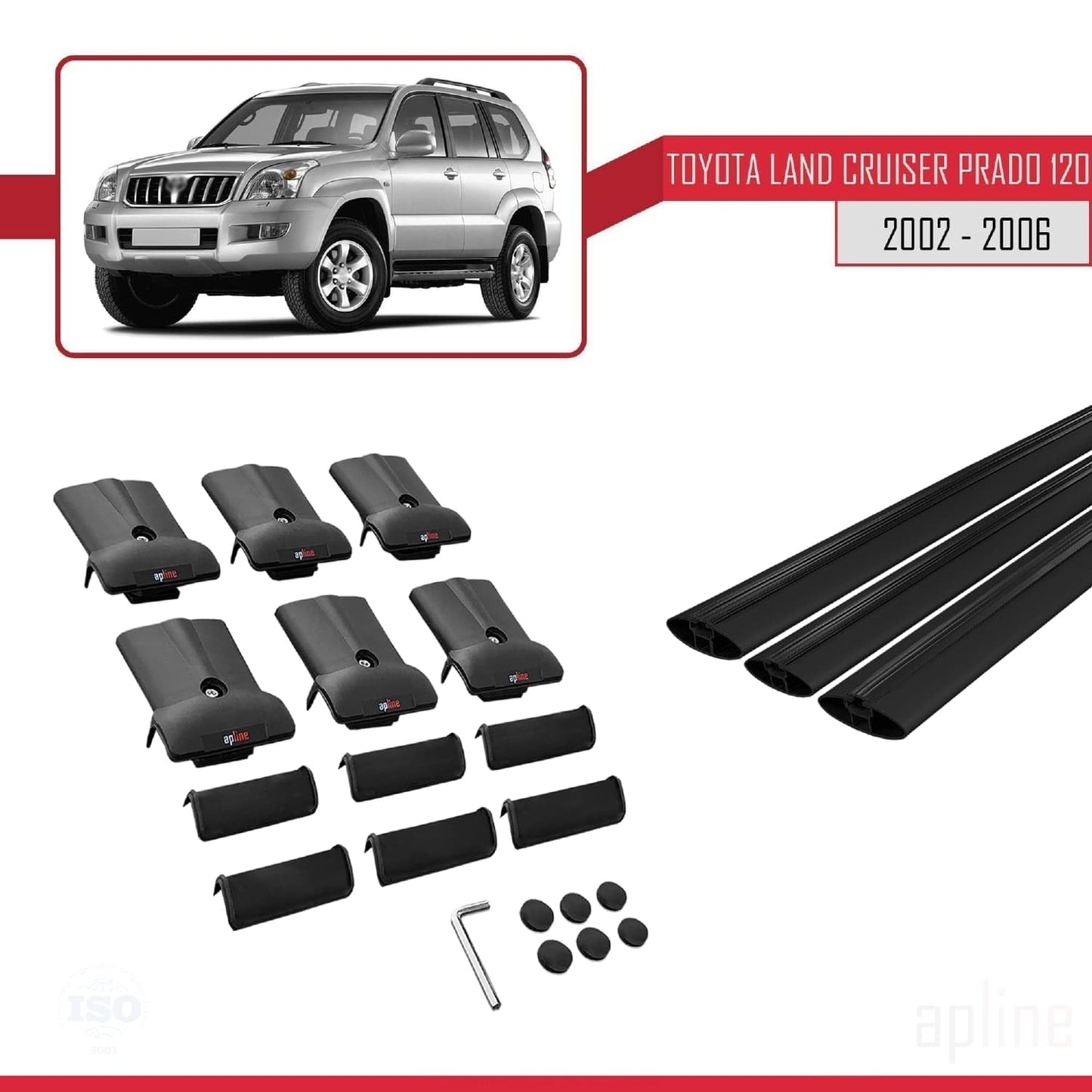 Compatible with Toyota Land Cruiser Prado (J120) 2002-2006 Fly Model Car Roof Rack Cross Bar Black Aluminium 3 Bars