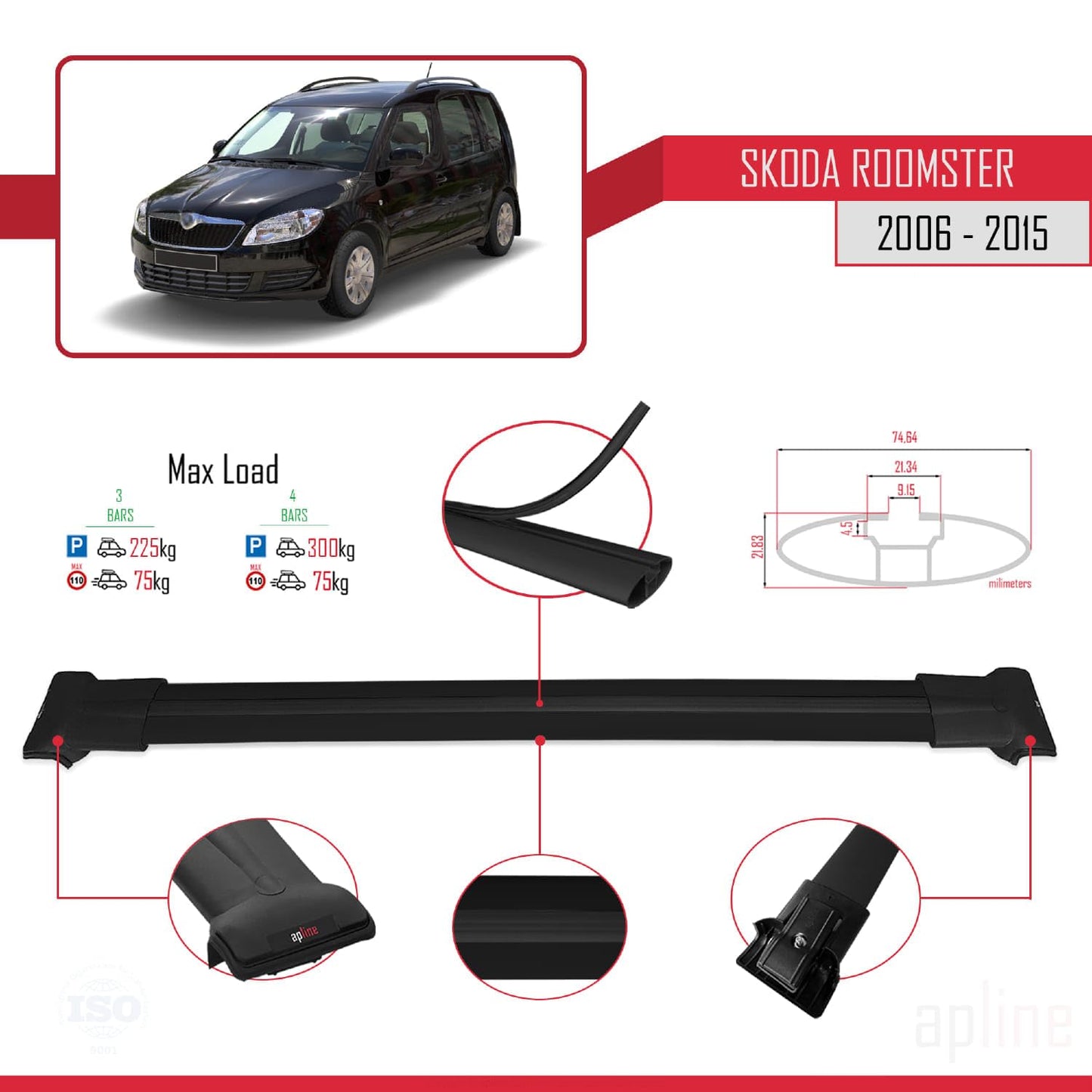 Compatible with Skoda Roomster 2006-2015 Fly Model Car Roof Rack Cross Bar Black Aluminium 3 Bars