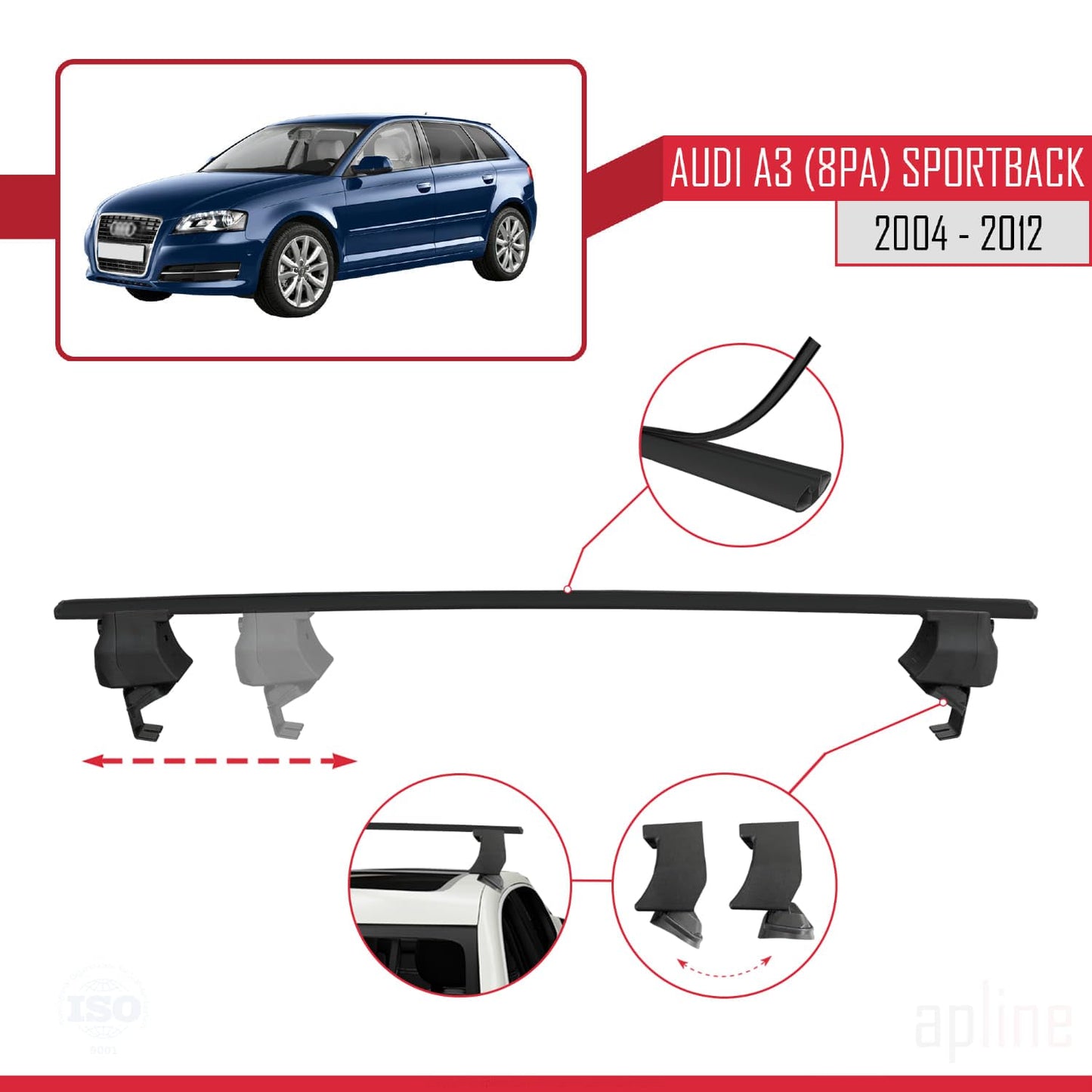 Compatible with Audi A3 (8PA) Sportback 2004-2012 ACE-4 Car Roof Rack Cross Bar Black Aluminium 2 Bars