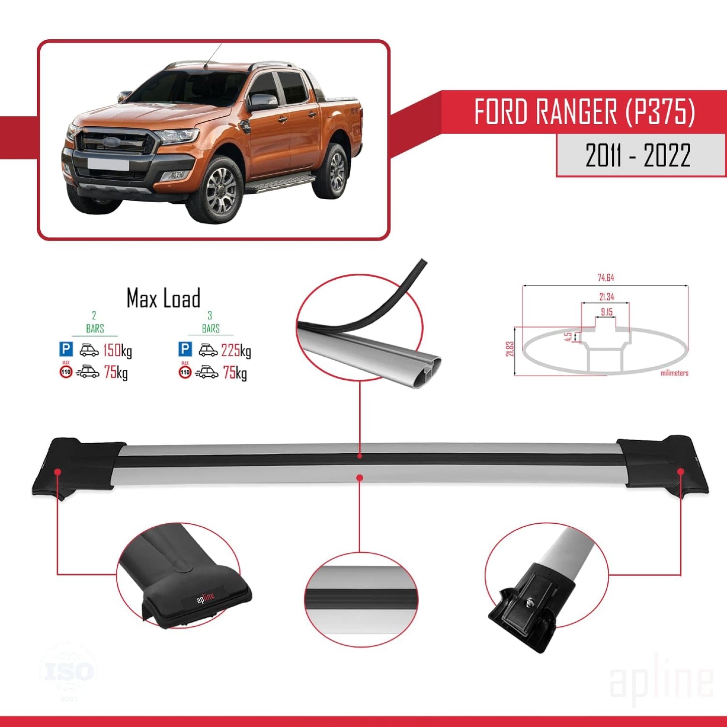 Compatible with Ford Ranger (P375) 2011-2022 Fly Model Car Roof Rack Cross Bar Grey Aluminium 2 Bars