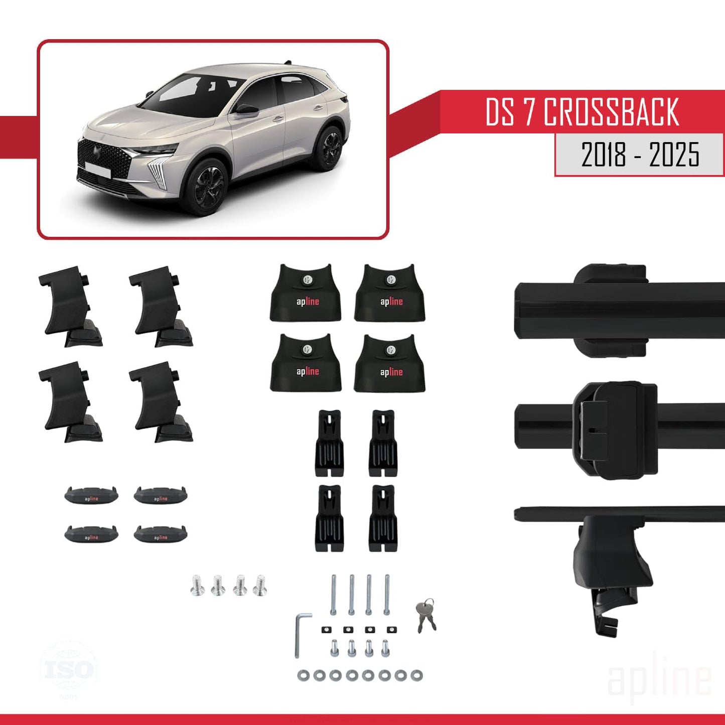 Compatible with DS 7 Crossback 2018-2025 ACE-4 Car Roof Rack Cross Bar Black Aluminium 2 Bars