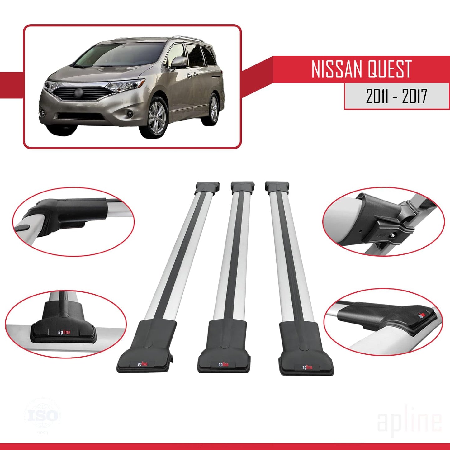 Compatible with Nissan Quest 2011-2017 Fly Model Car Roof Rack Cross Bar Grey Aluminium 3 Bars