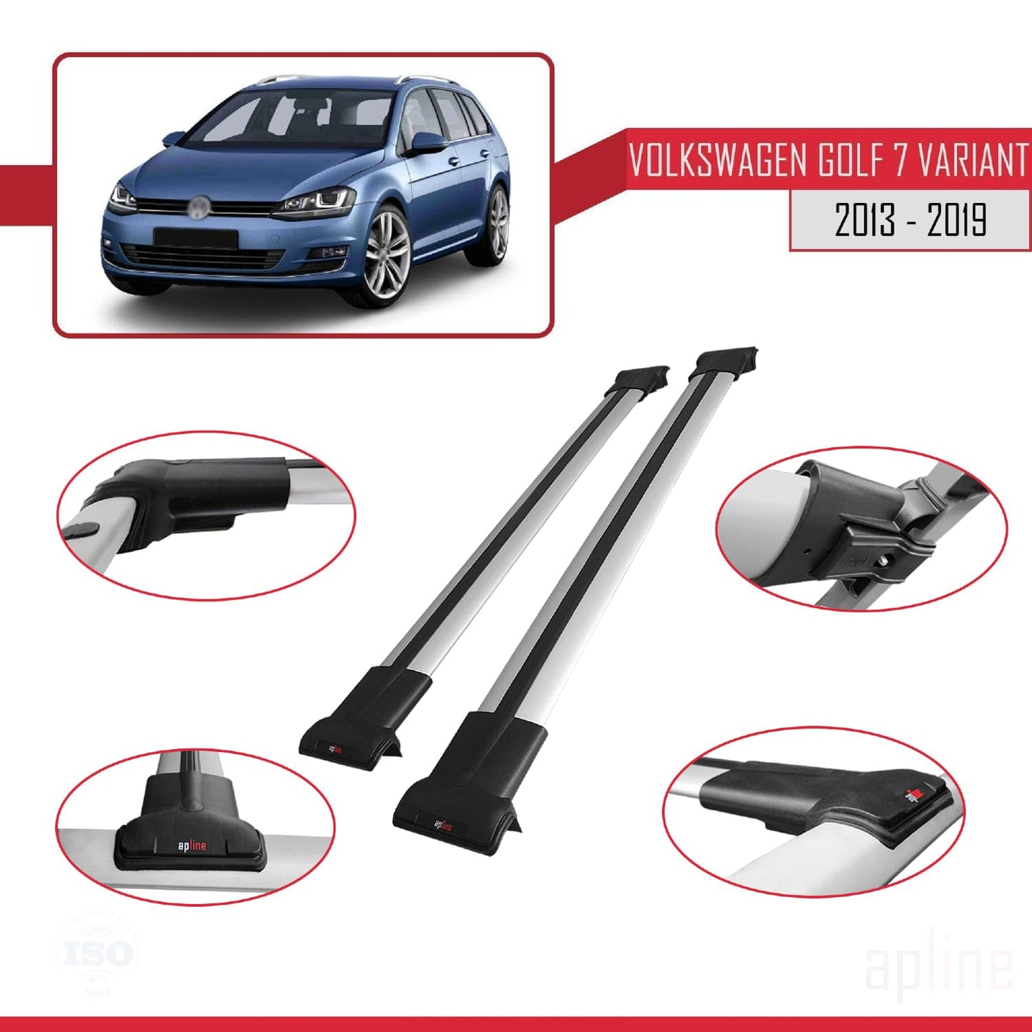 Compatible with Volkswagen Golf 7 (5G) Variant 2013-2019 Fly Model Car Roof Rack Cross Bar Grey Aluminium 2 Bars