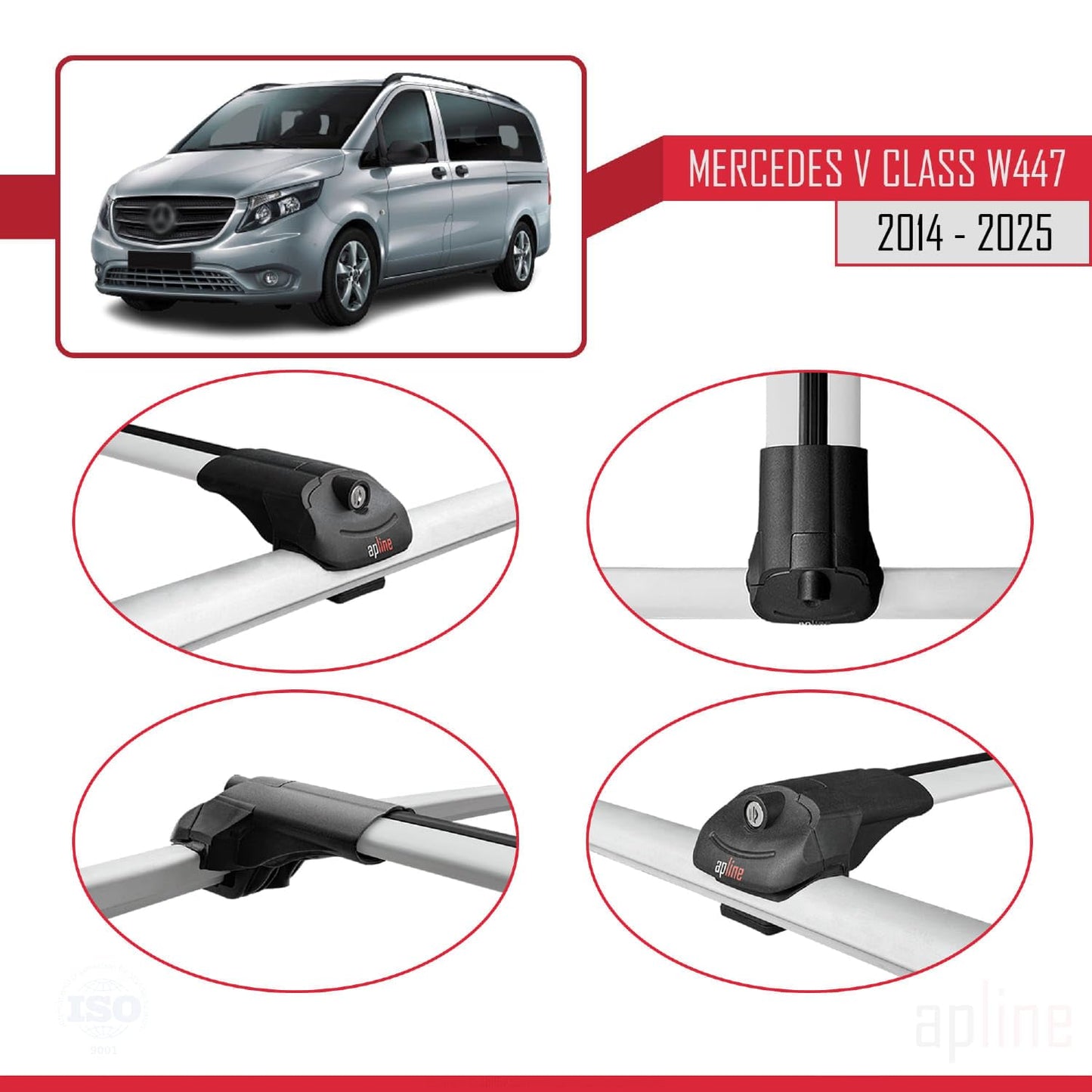 Compatible with Mercedes V Class 3 (W447) 2014-2025 ACE-1 Car Roof Rack Cross Bar Grey Aluminium 3 Bars