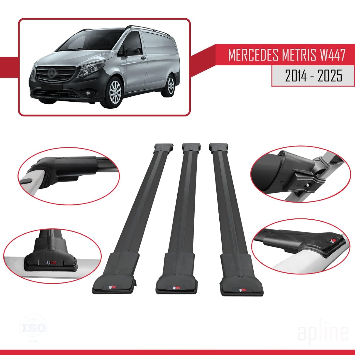 Compatible with Mercedes Metris (W447) 2014-2025 Fly Model Car Roof Rack Cross Bar Black Aluminium 3 Bars