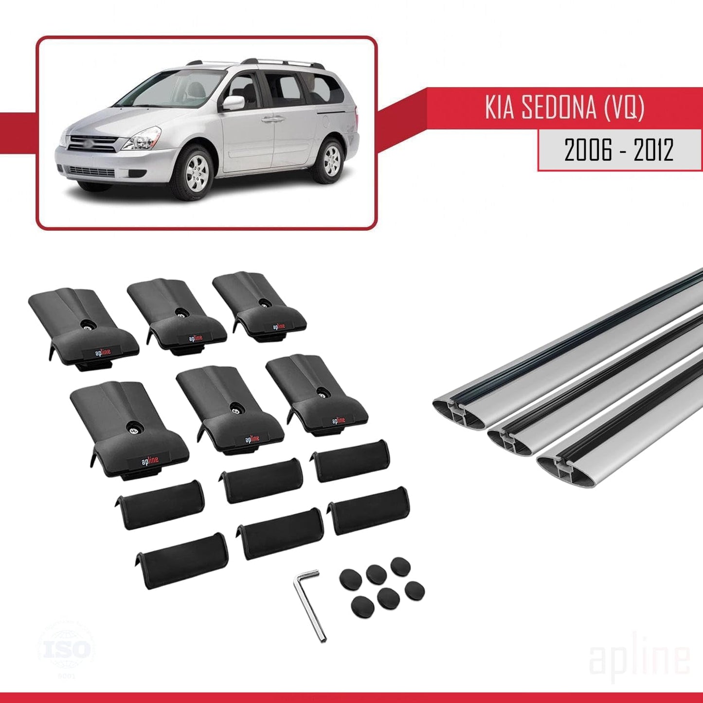 Compatible with Kia Sedona 2 (VQ) 2006-2012 Fly Model Car Roof Rack Cross Bar Grey Aluminium 3 Bars