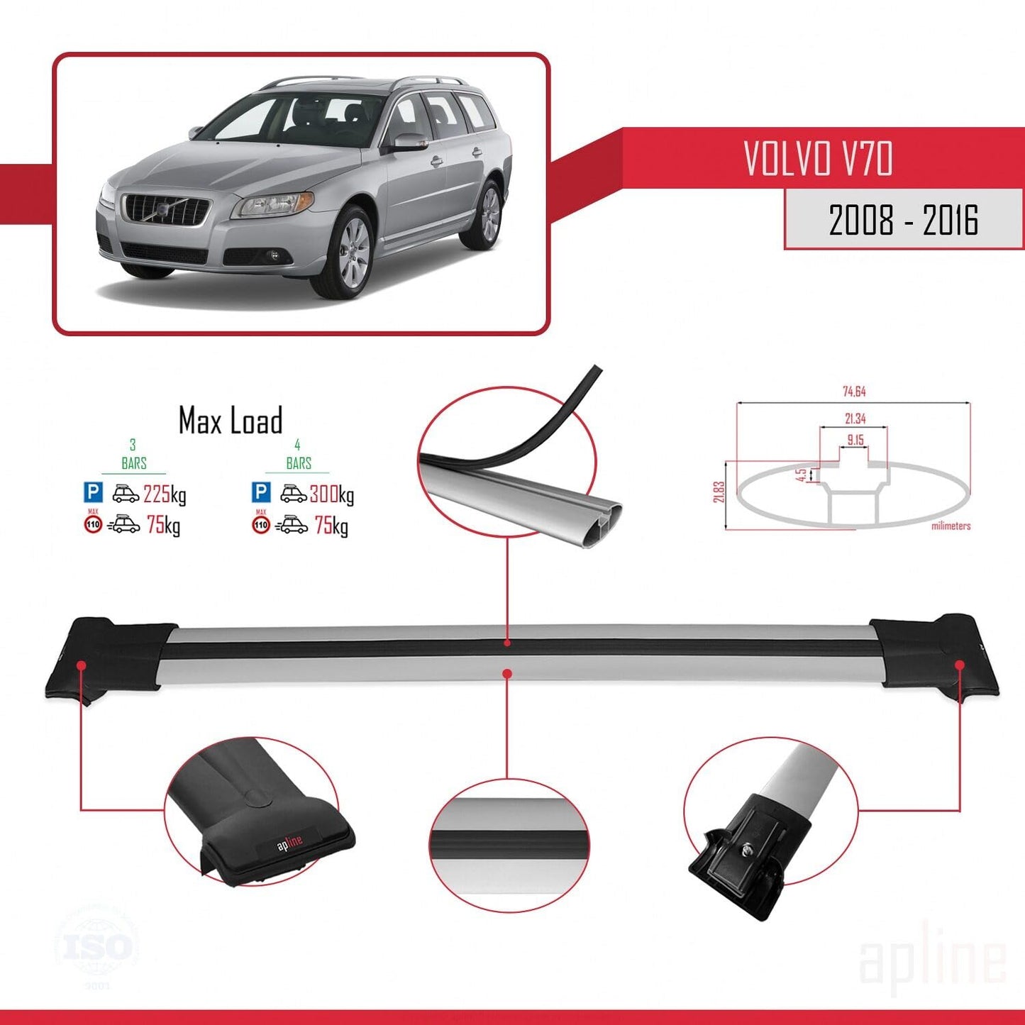 Compatible with Volvo V70 III 2008-2016 Fly Model Car Roof Rack Cross Bar Grey Aluminium 3 Bars