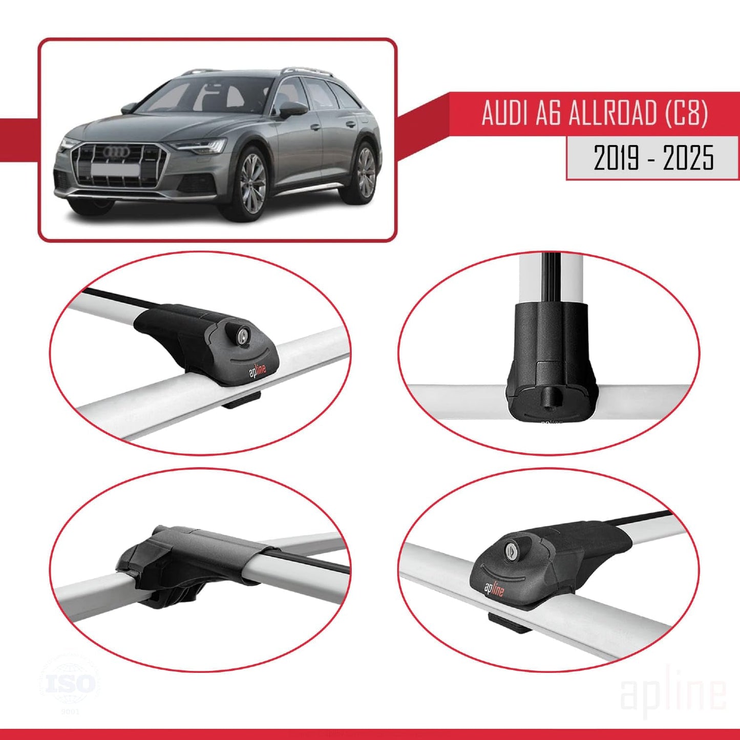 Compatible with Audi A6 (C8) Allroad 2019-2025 ACE-1 Car Roof Rack Cross Bar Grey Aluminium 2 Bars