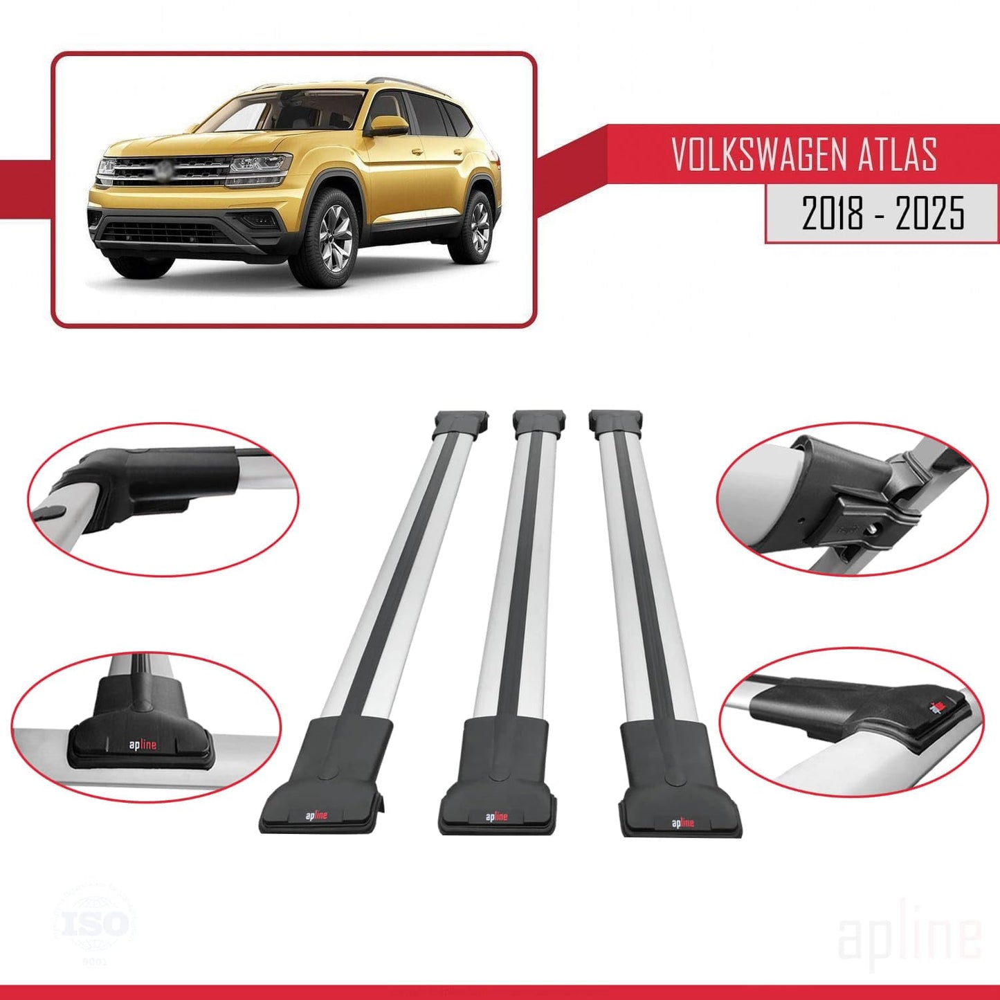 Compatible with Volkswagen Atlas (CA1) 2018-2025 Fly Model Car Roof Rack Cross Bar Grey Aluminium 3 Bars