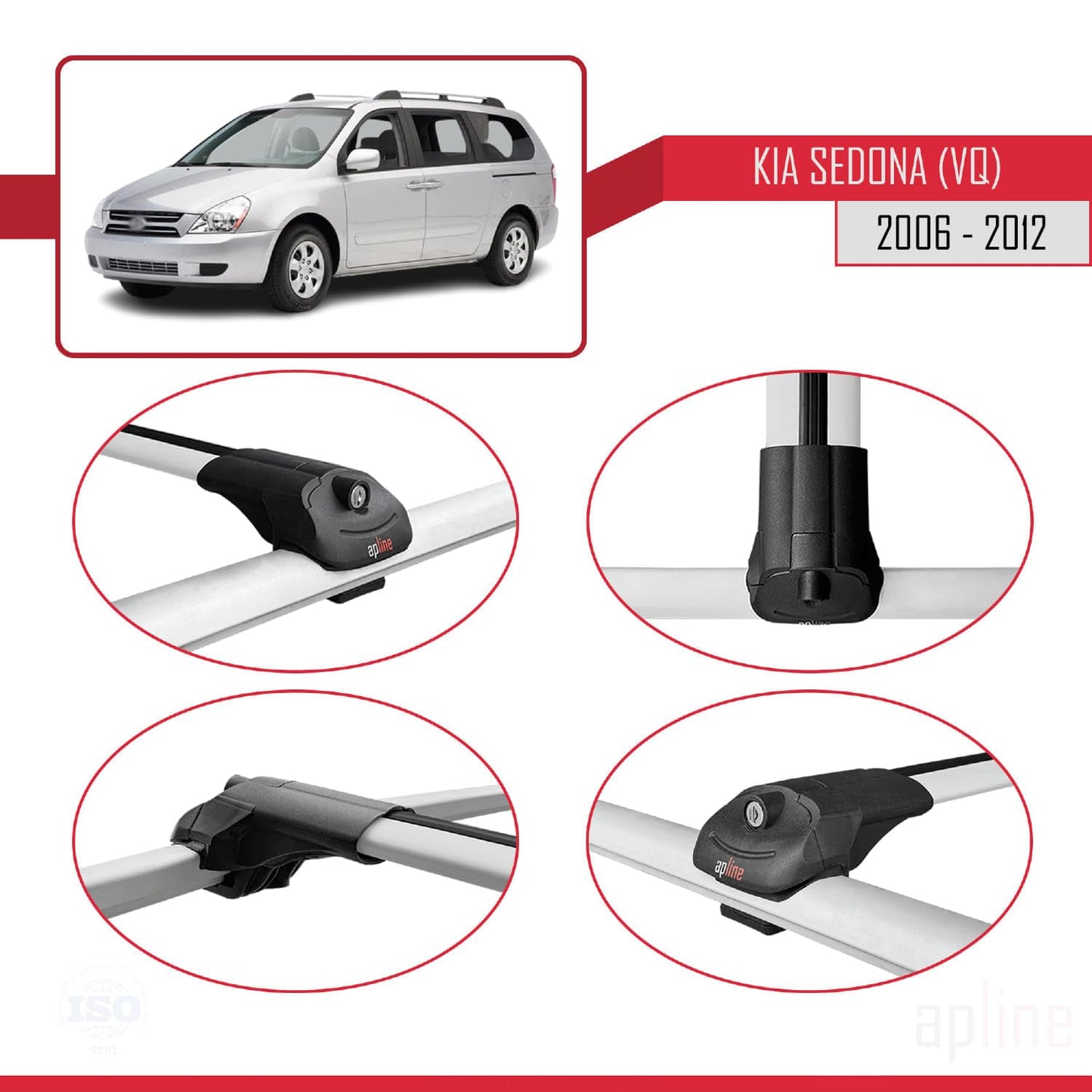 Compatible with Kia Sedona 2 (VQ) 2006-2012 ACE-1 Car Roof Rack Cross Bar Grey Aluminium 3 Bars