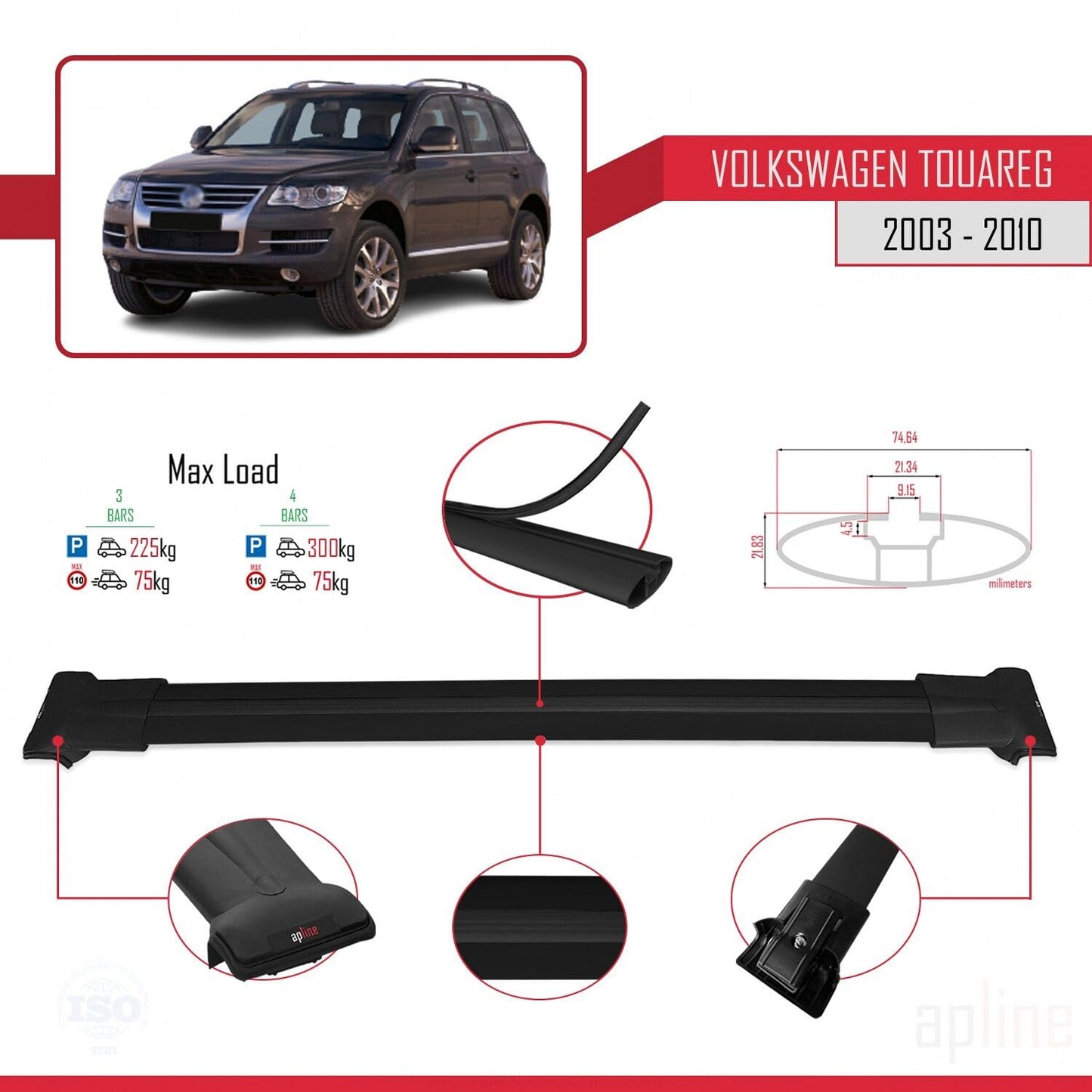 Compatible with Volkswagen Touareg (7L) 2002-2010 Fly Model Car Roof Rack Cross Bar Black Aluminium 3 Bars